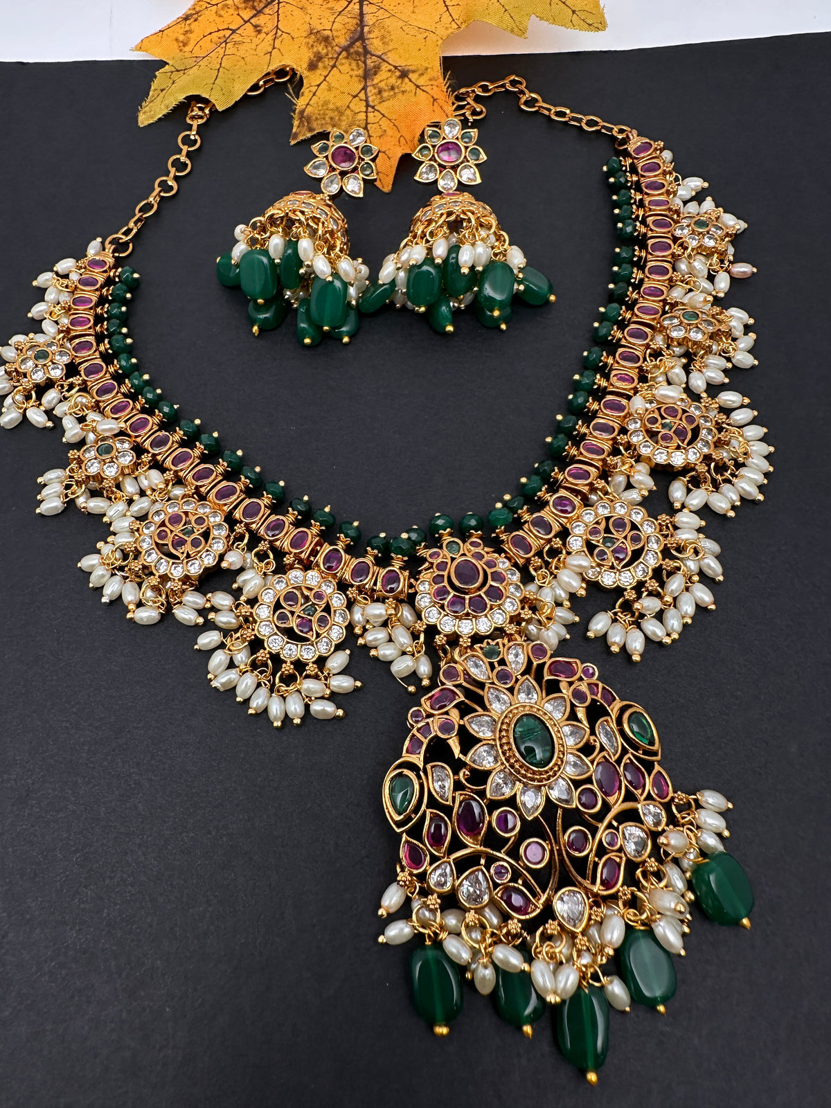 Rice Pearls Kempu Guttapusalu Short Necklace with Jhumkas Set with Earrings - TJS000919
