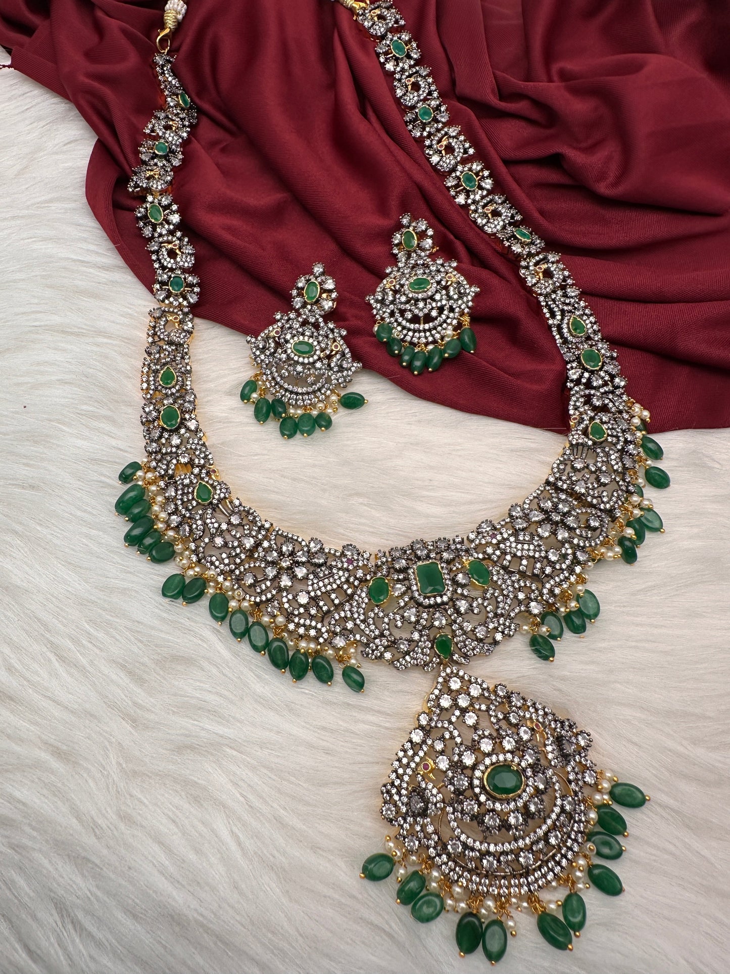 AD Green Stone Green Beads Dual Polish Long Necklace