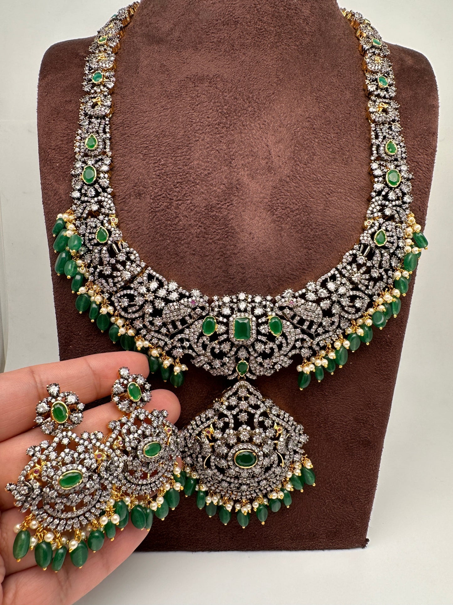 AD Green Stone Green Beads Dual Polish Long Necklace