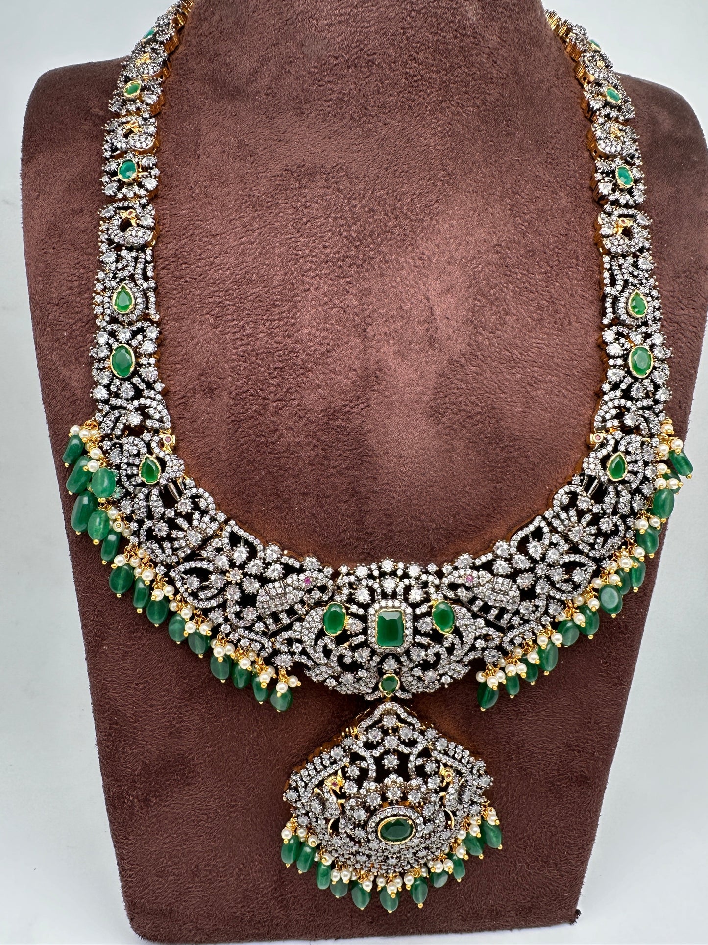 AD Green Stone Green Beads Dual Polish Long Necklace
