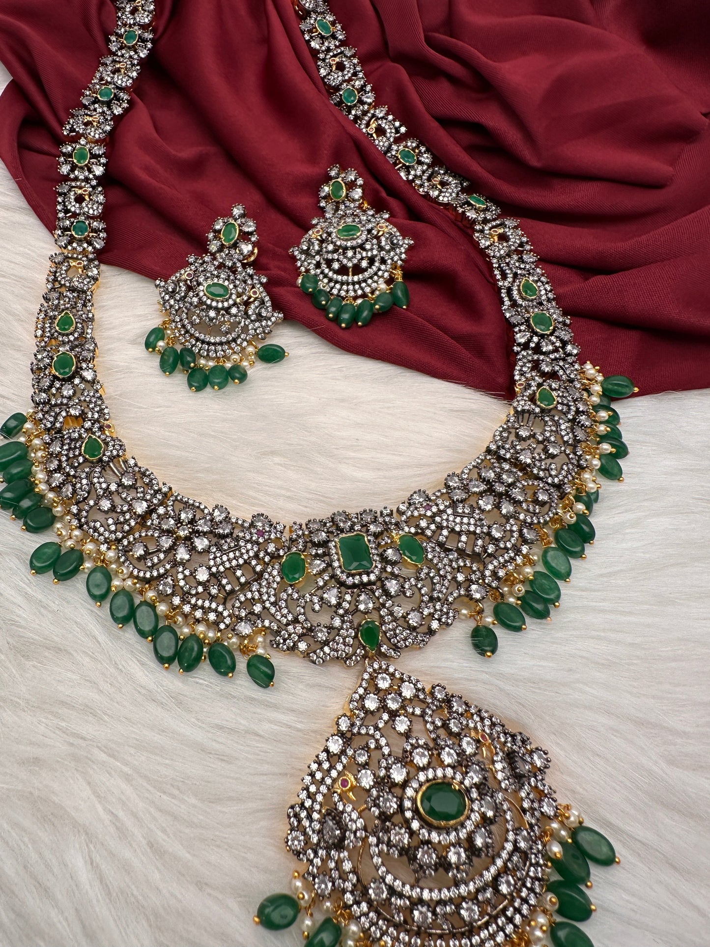 AD Green Stone Green Beads Dual Polish Long Necklace