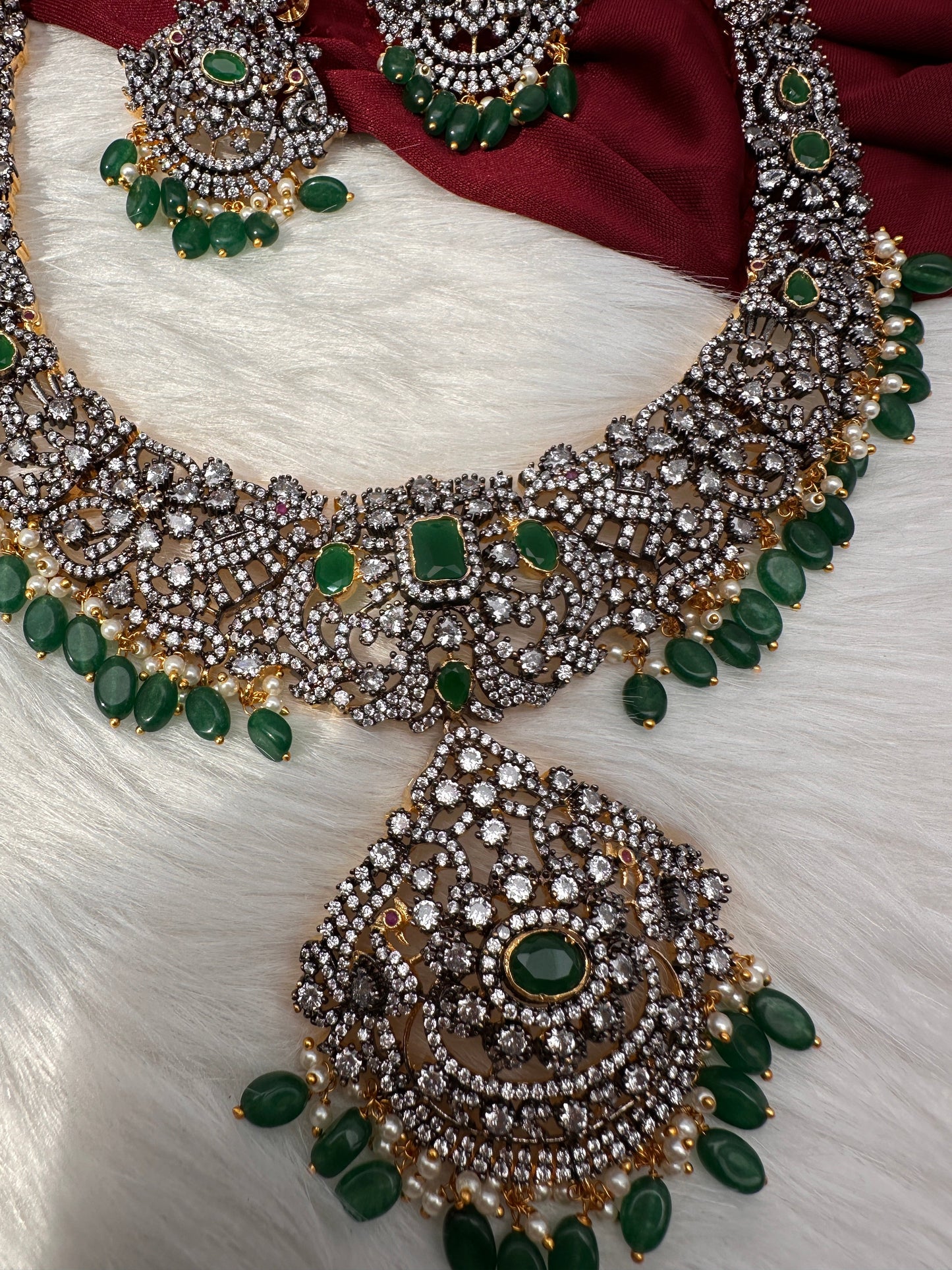 AD Green Stone Green Beads Dual Polish Long Necklace
