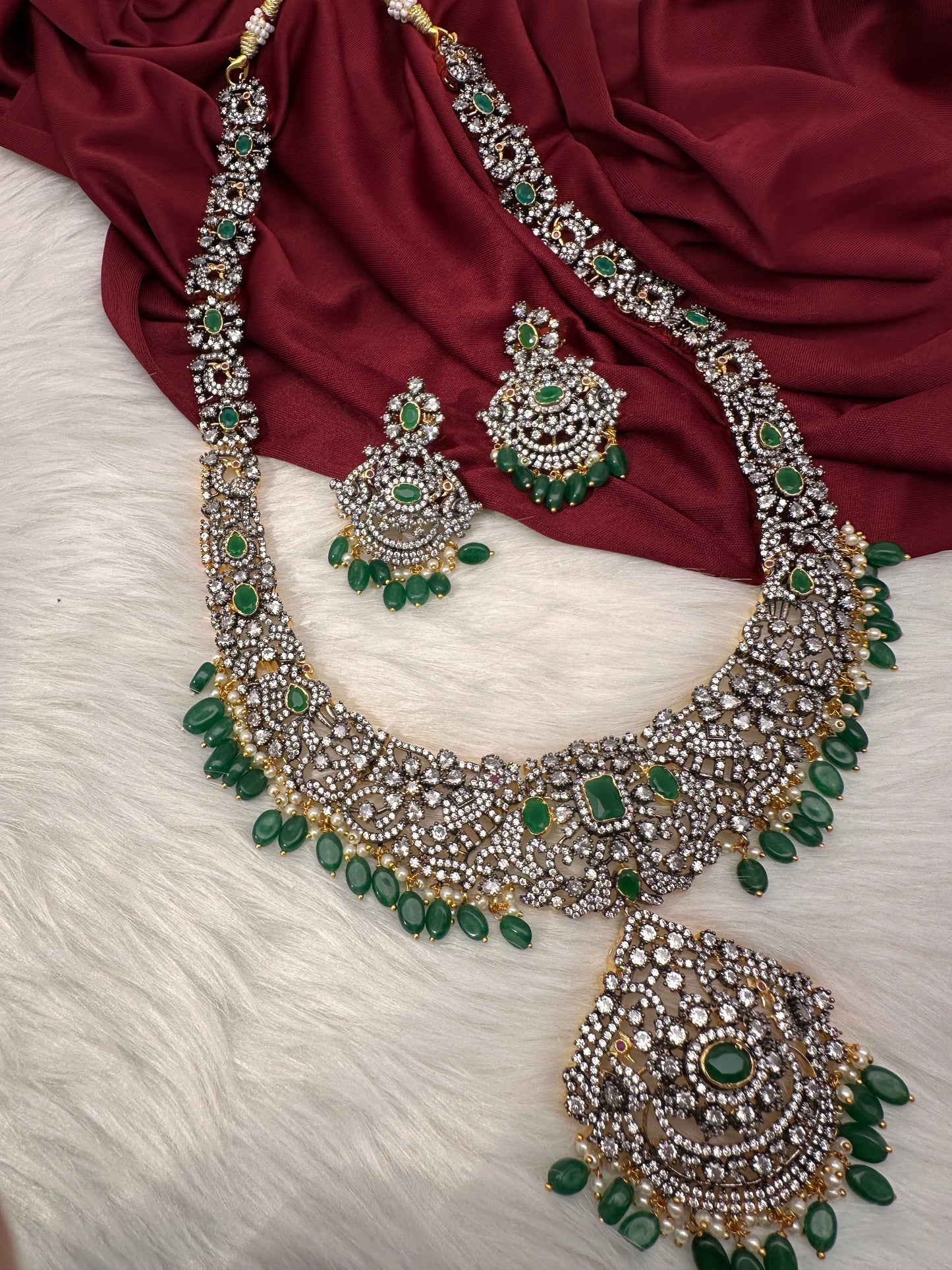 AD Green Stone Green Beads Dual Polish Long Necklace