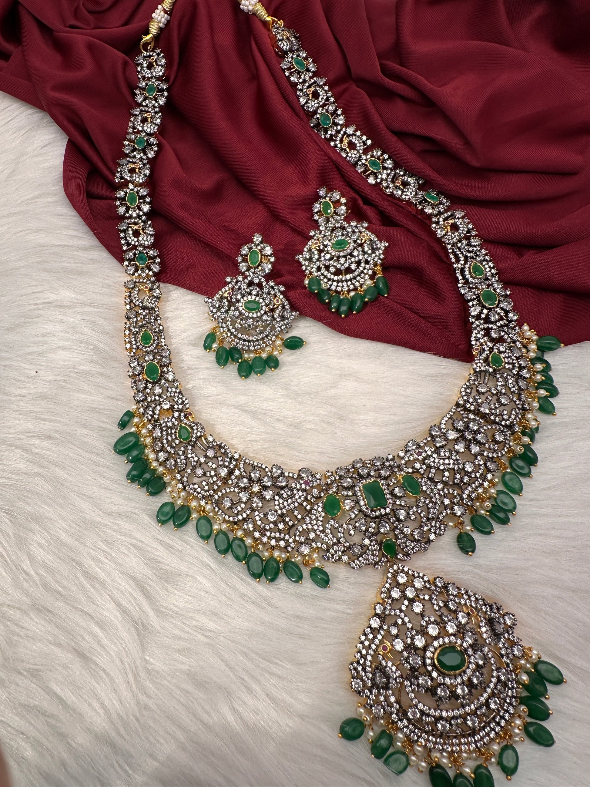 AD Green Stone Green Beads Dual Polish Long Necklace