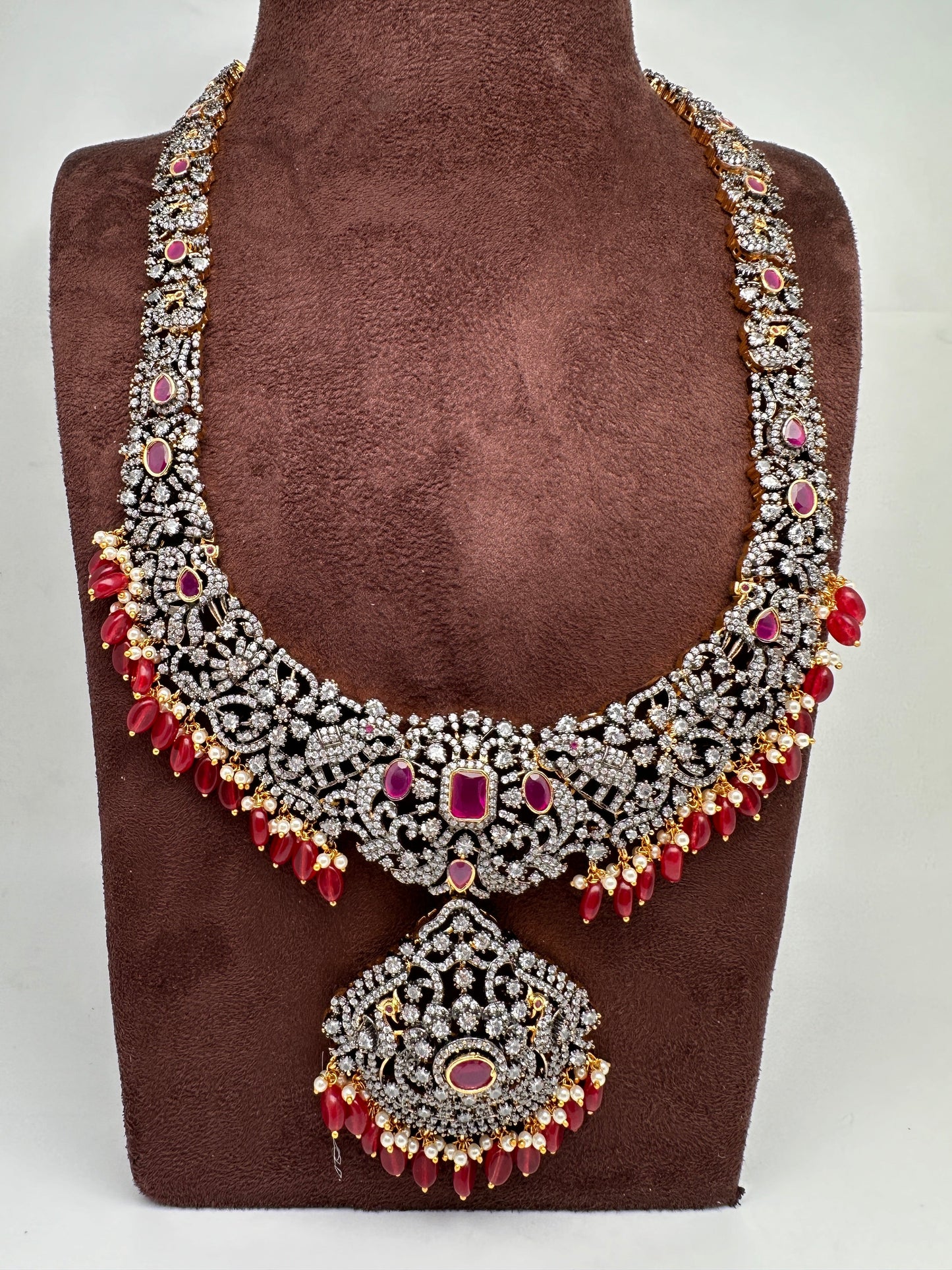 AD Red Stone Red Beads Dual Polish Long Necklace