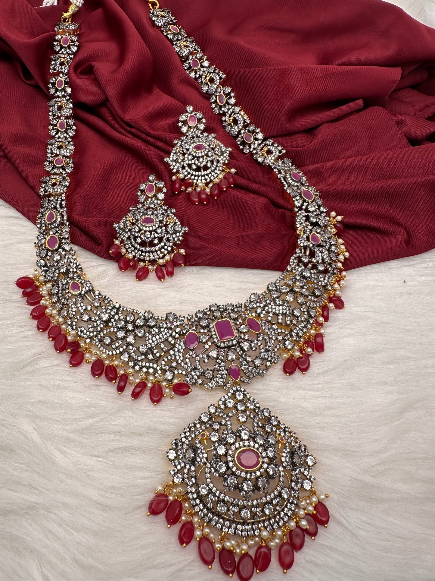 AD Red Stone Red Beads Dual Polish Long Necklace