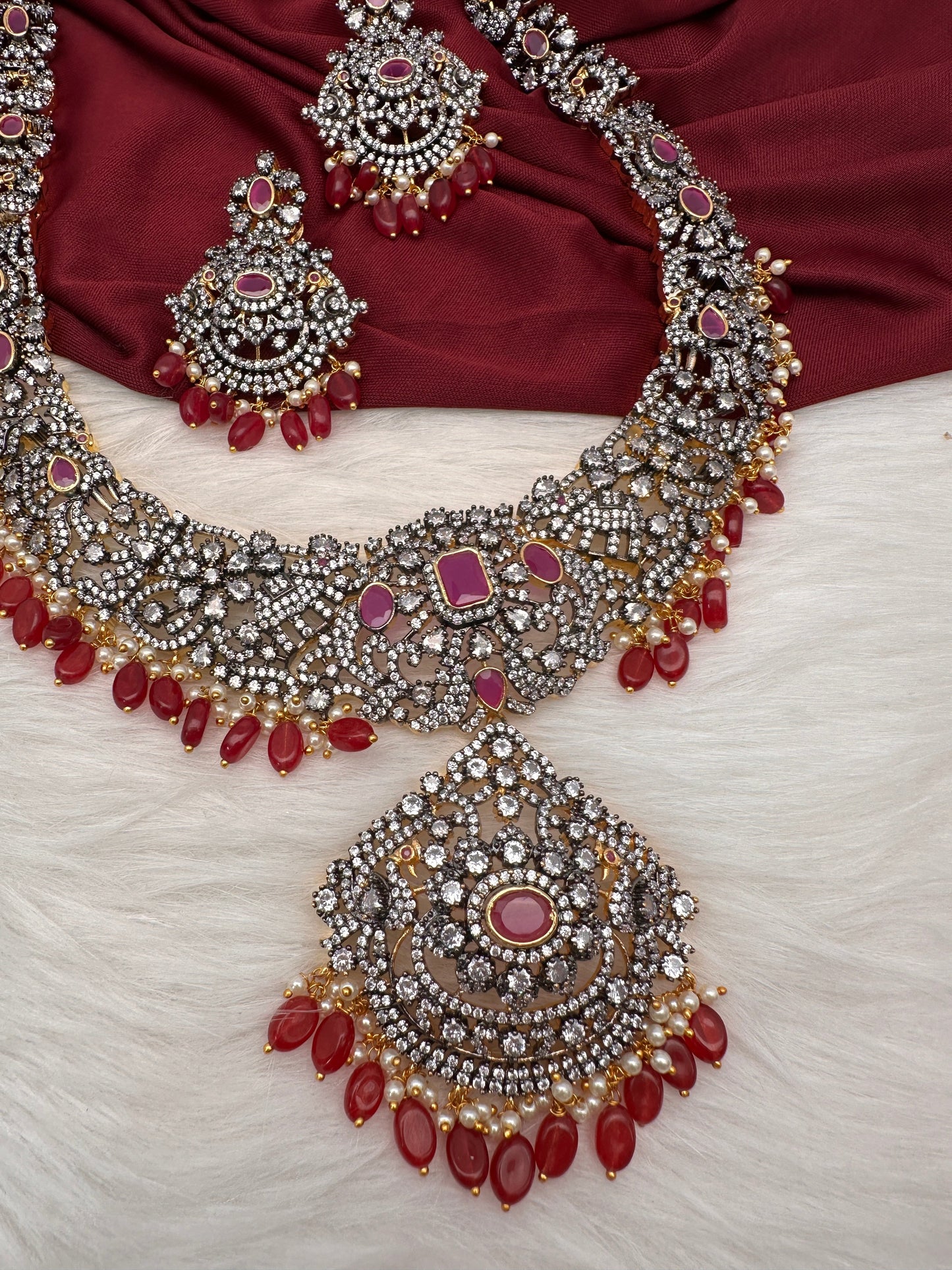 AD Red Stone Red Beads Dual Polish Long Necklace