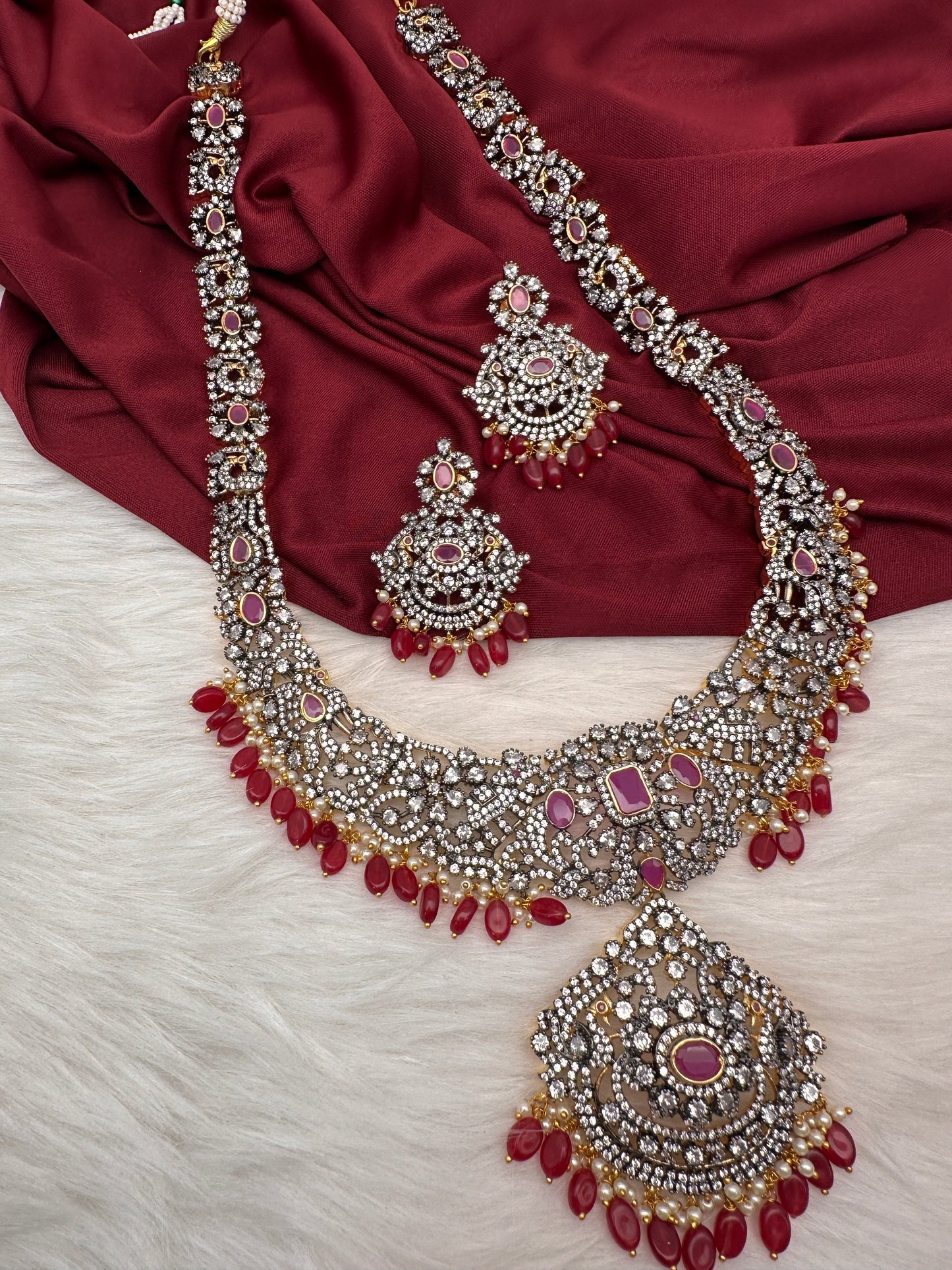 AD Red Stone Red Beads Dual Polish Long Necklace