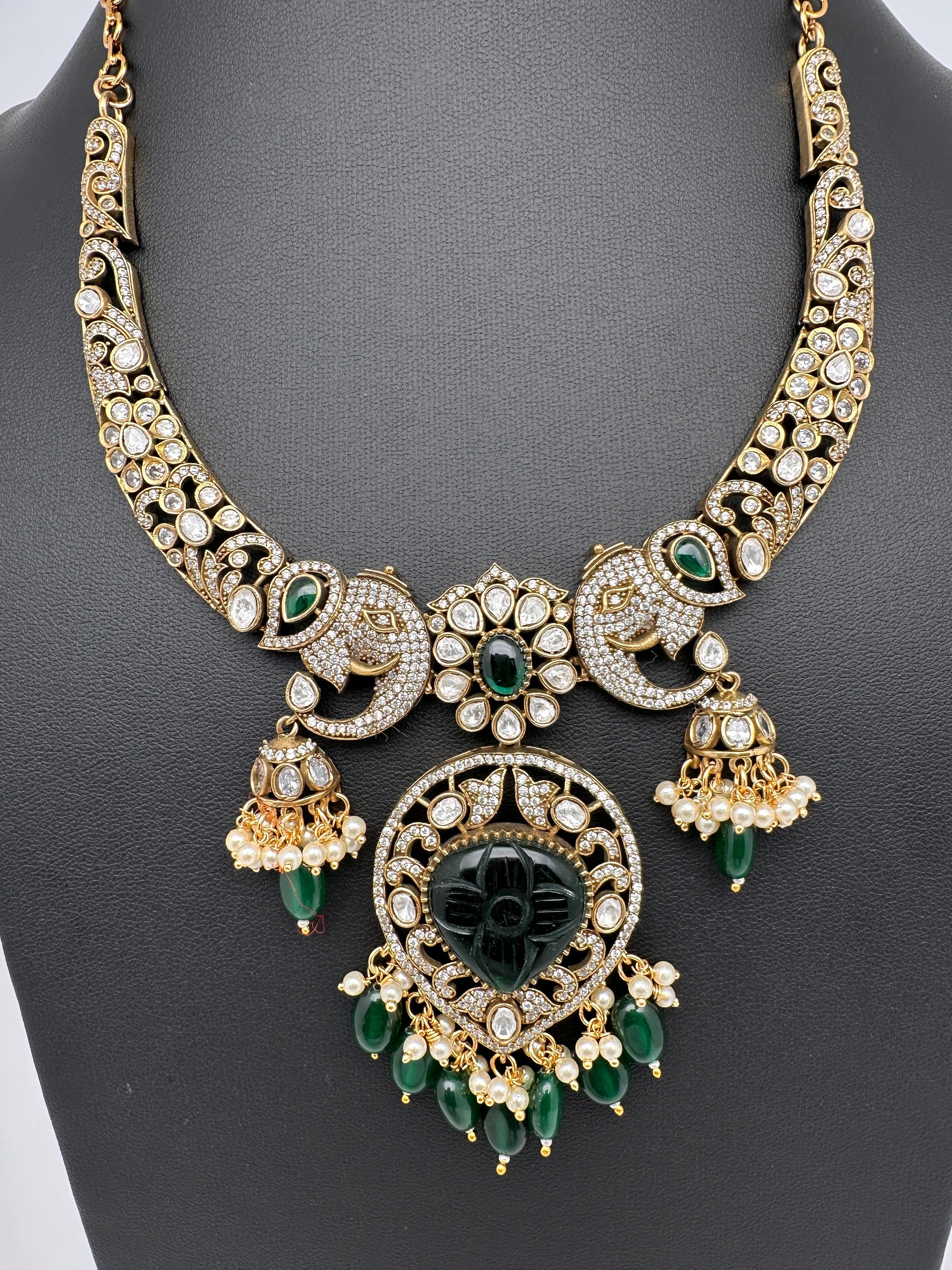 Polki Victorian Mehndi Finish Color Stone Necklace - Green