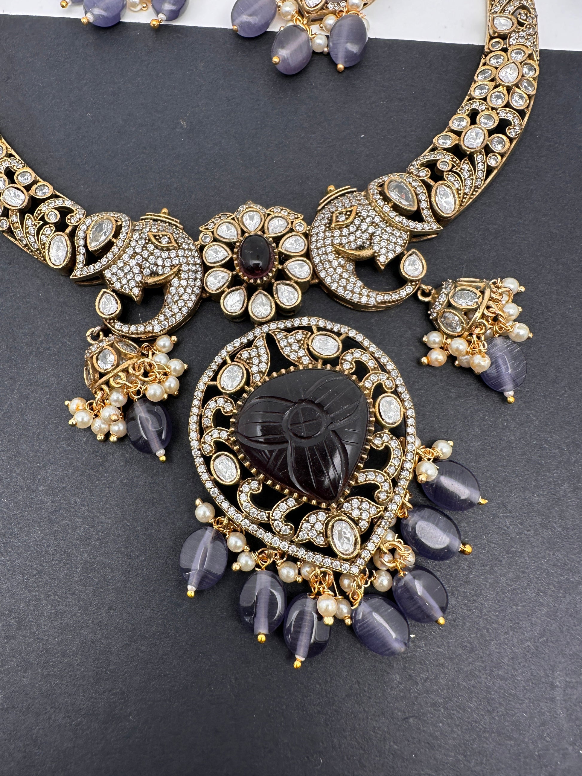 Polki Victorian Mehndi Finish Color Stone Necklace - Purple