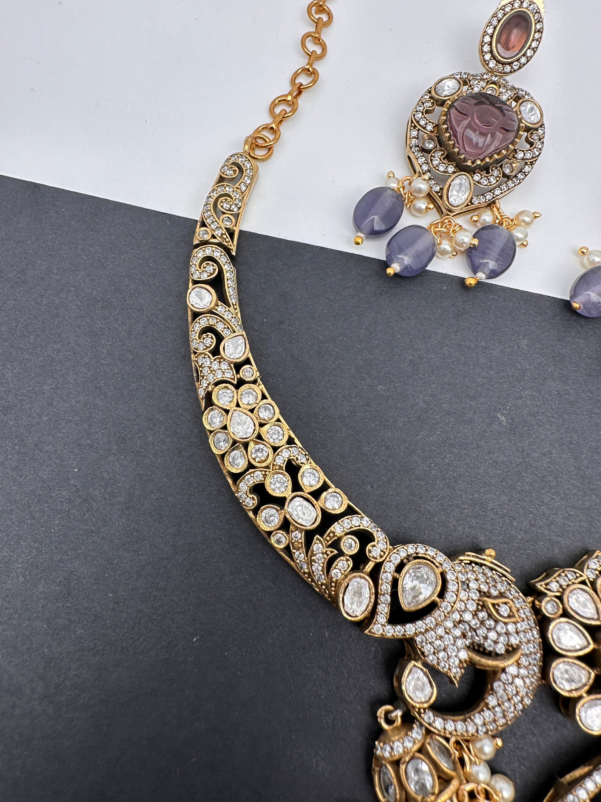 Polki Victorian Mehndi Finish Color Stone Necklace - Purple