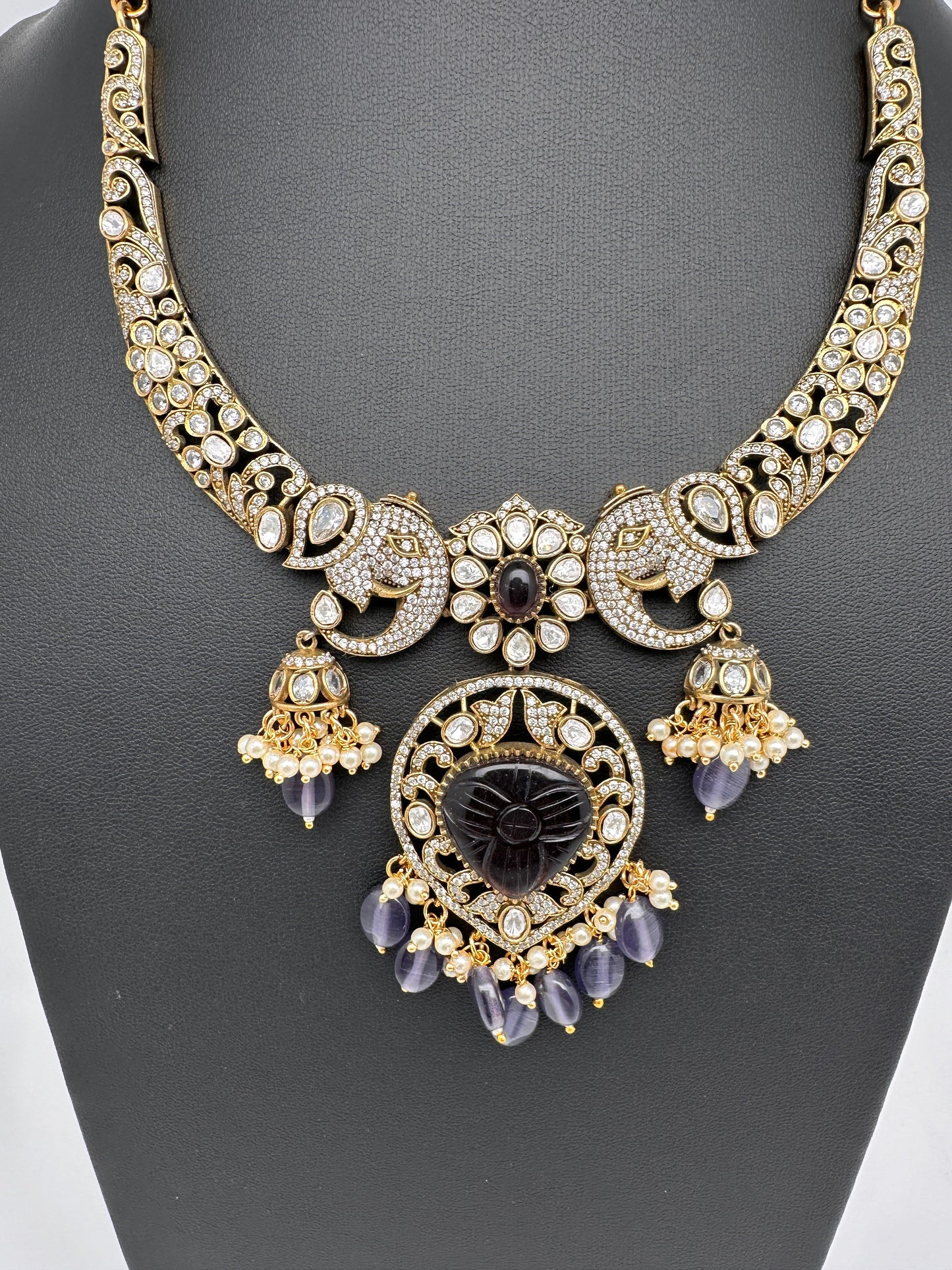 Polki Victorian Mehndi Finish Color Stone Necklace - Purple