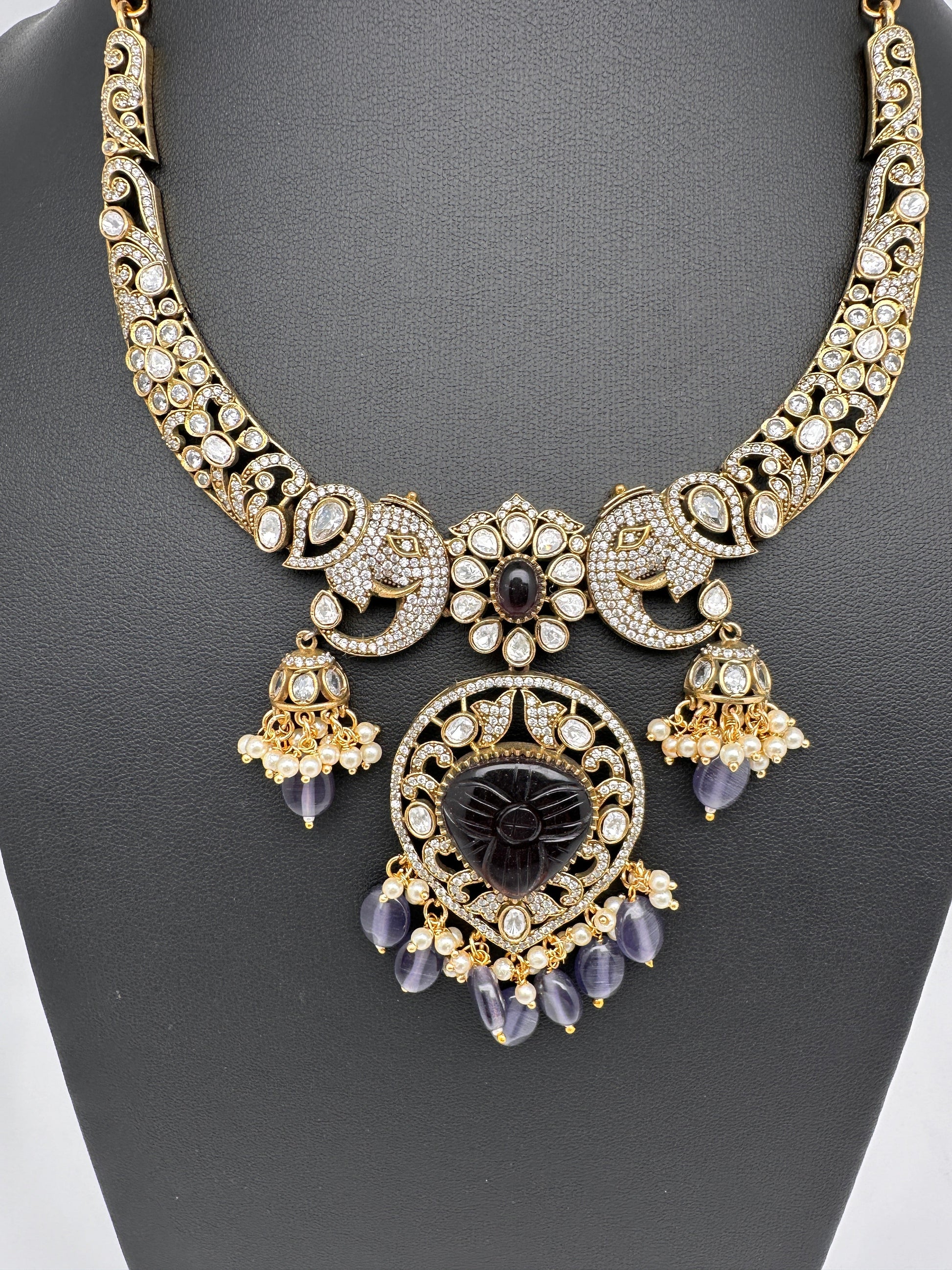 Polki Victorian Mehndi Finish Color Stone Necklace - Purple
