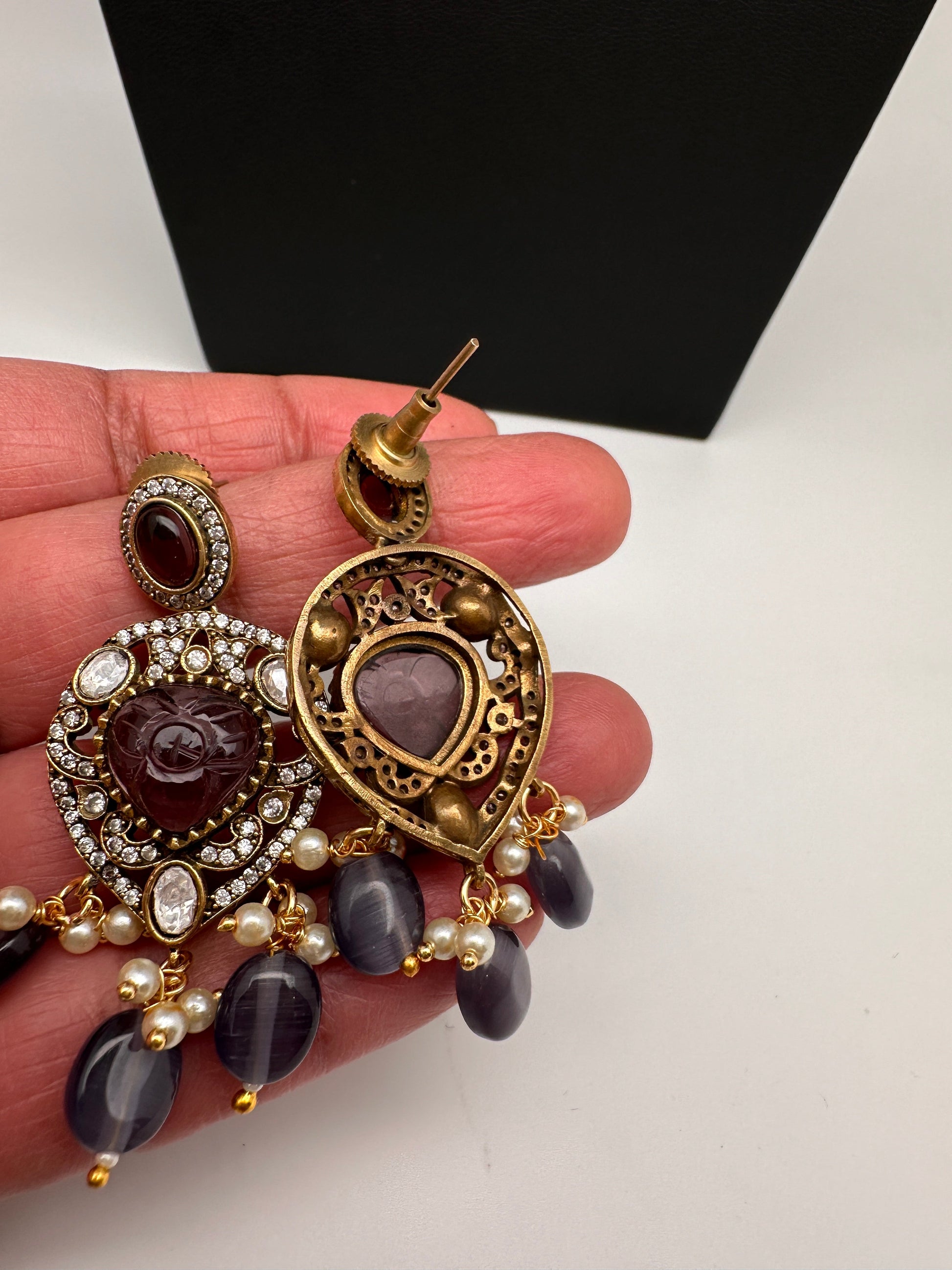 Polki Victorian Mehndi Finish Color Stone Necklace - Purple