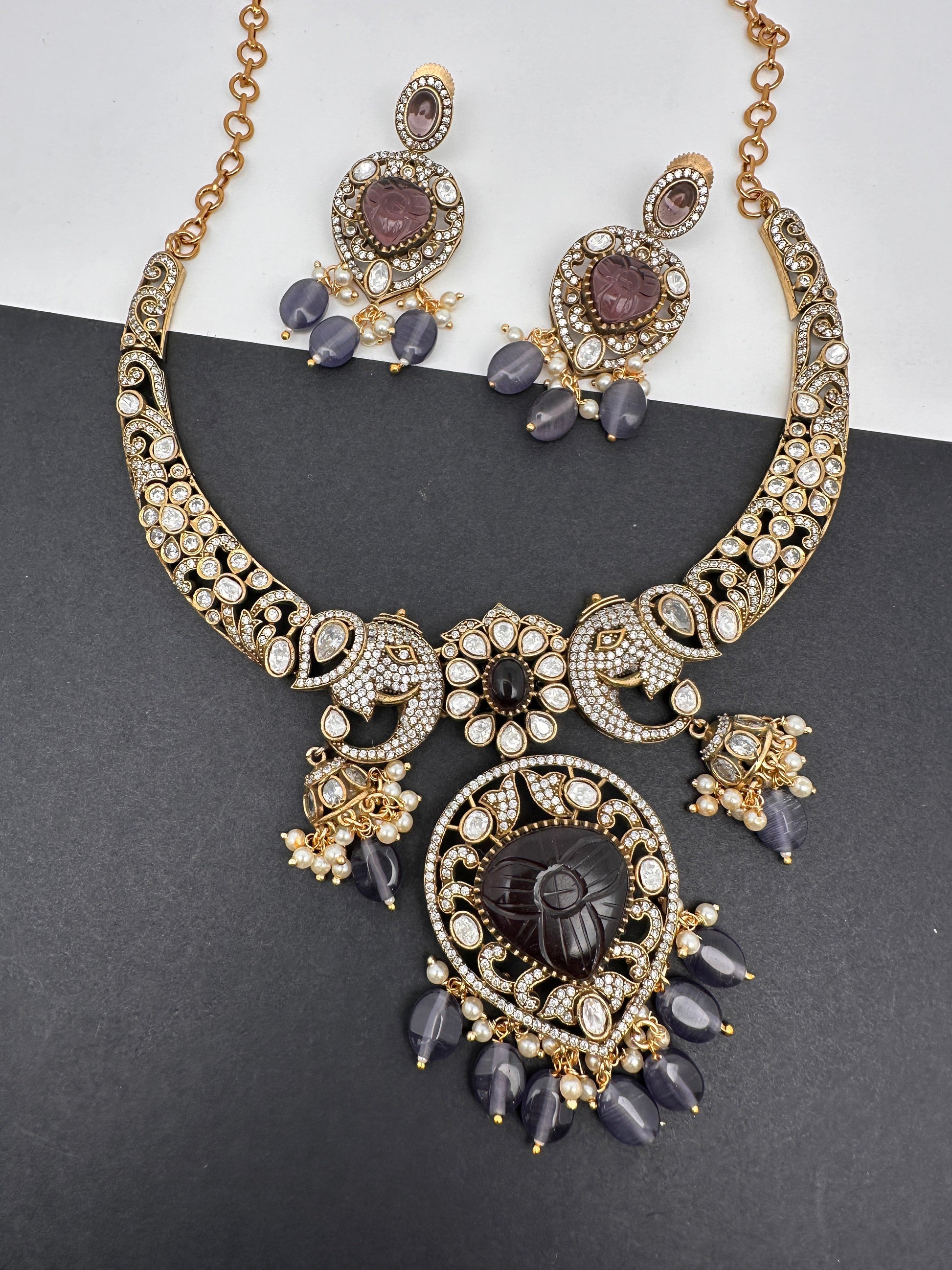Polki Victorian Mehndi Finish Color Stone Necklace - Purple