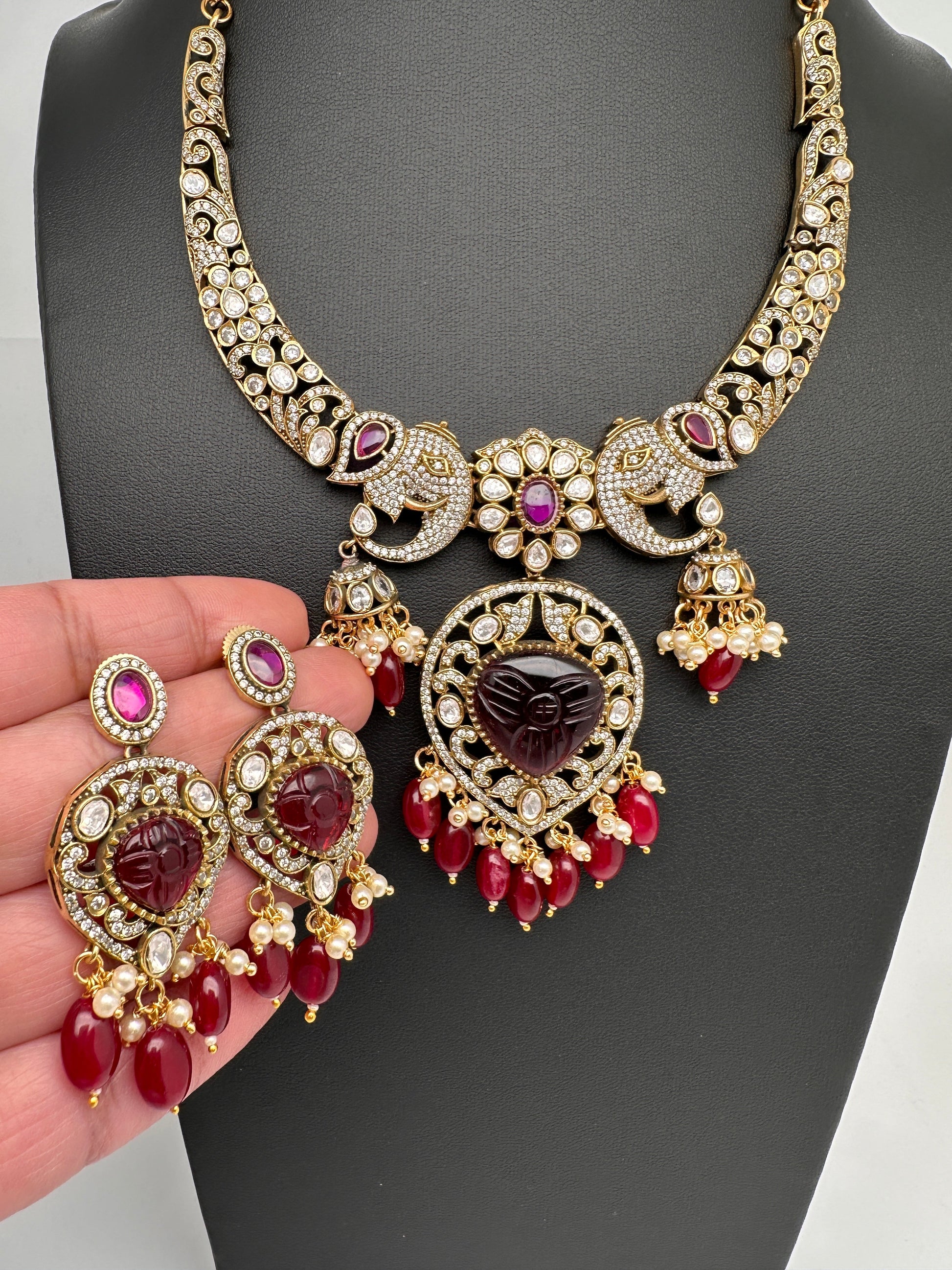 Polki Victorian Mehndi Finish Color Stone Necklace - Red