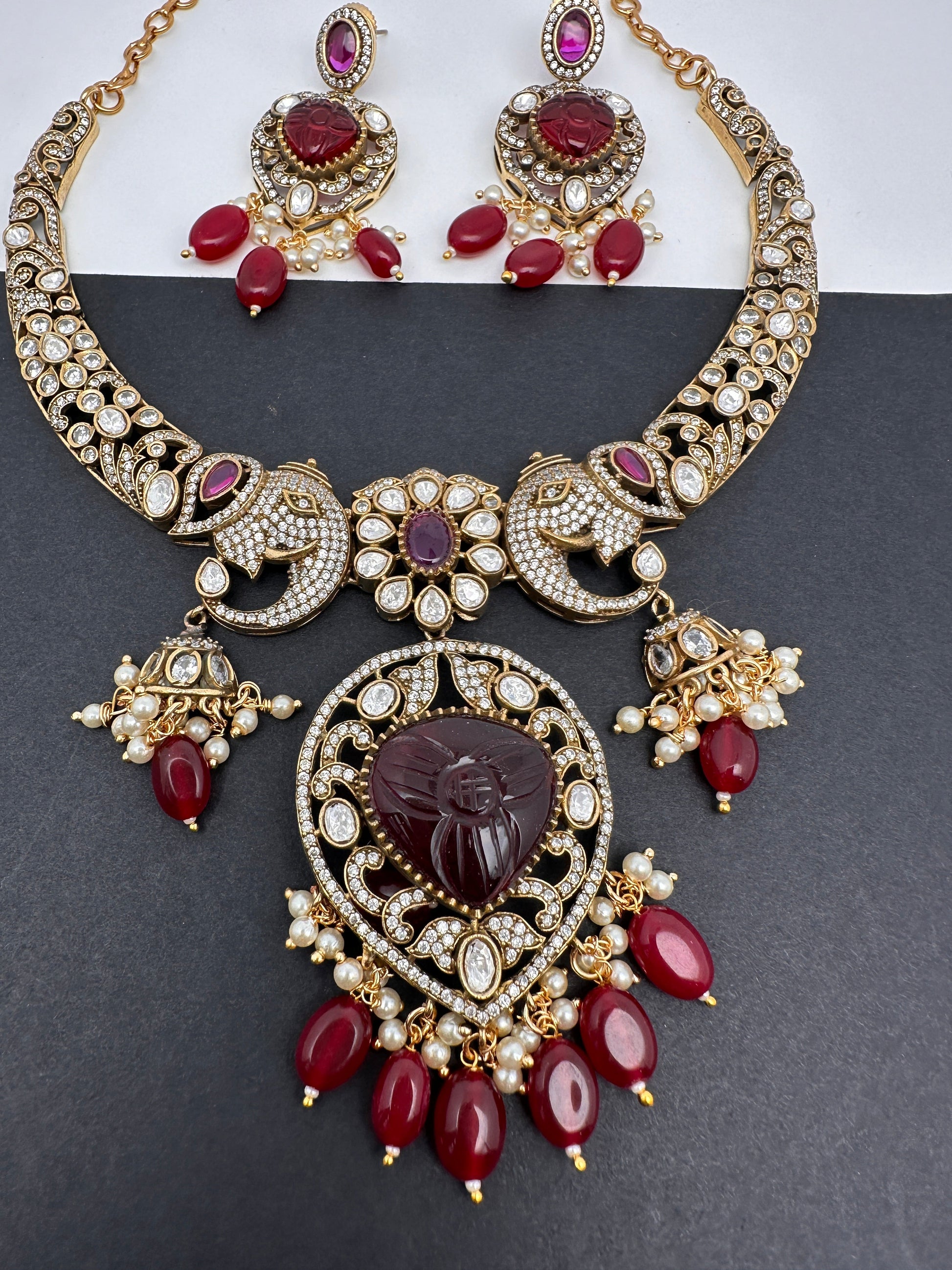 Polki Victorian Mehndi Finish Color Stone Necklace - Red