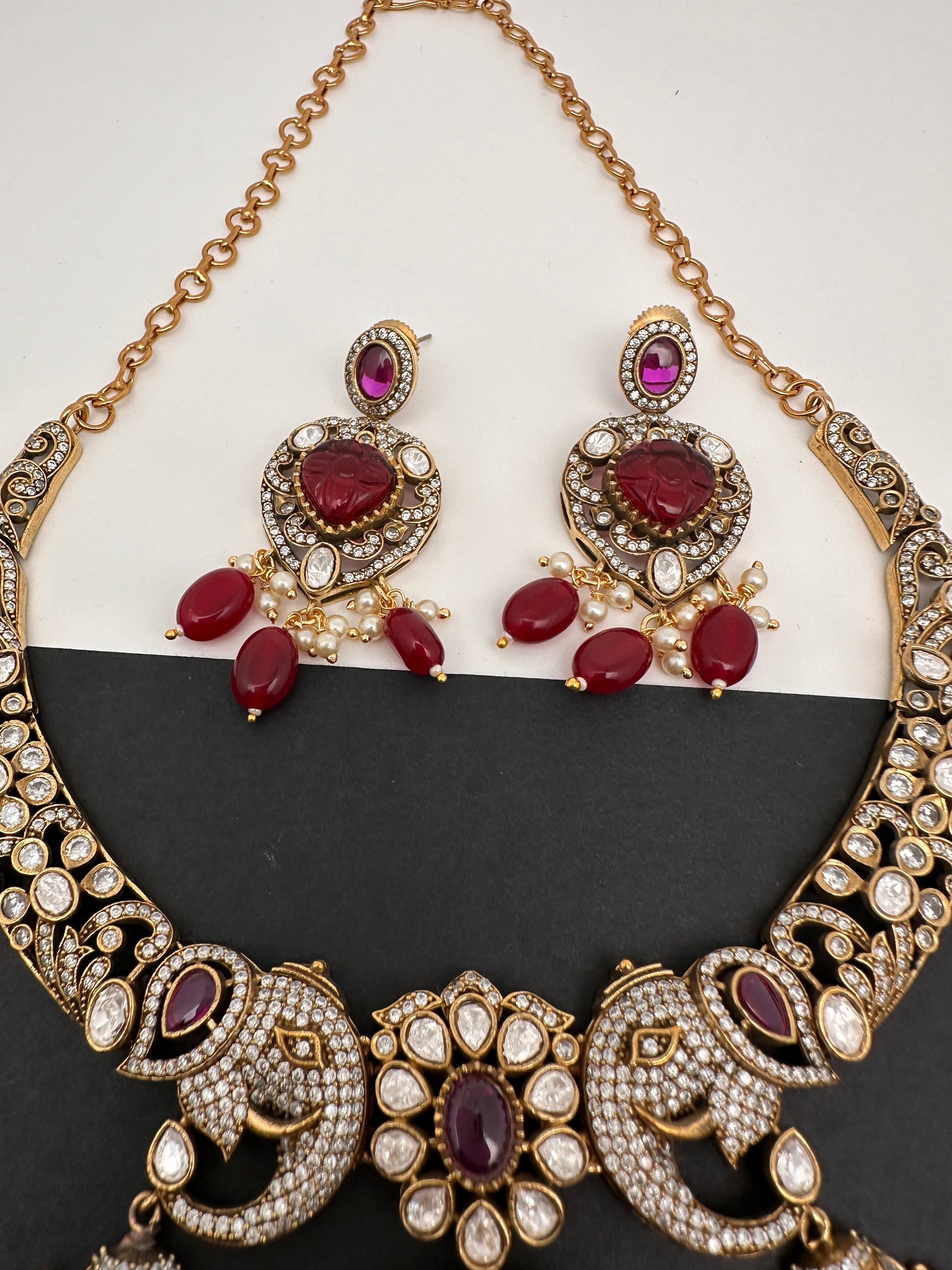 Polki Victorian Mehndi Finish Color Stone Necklace - Red