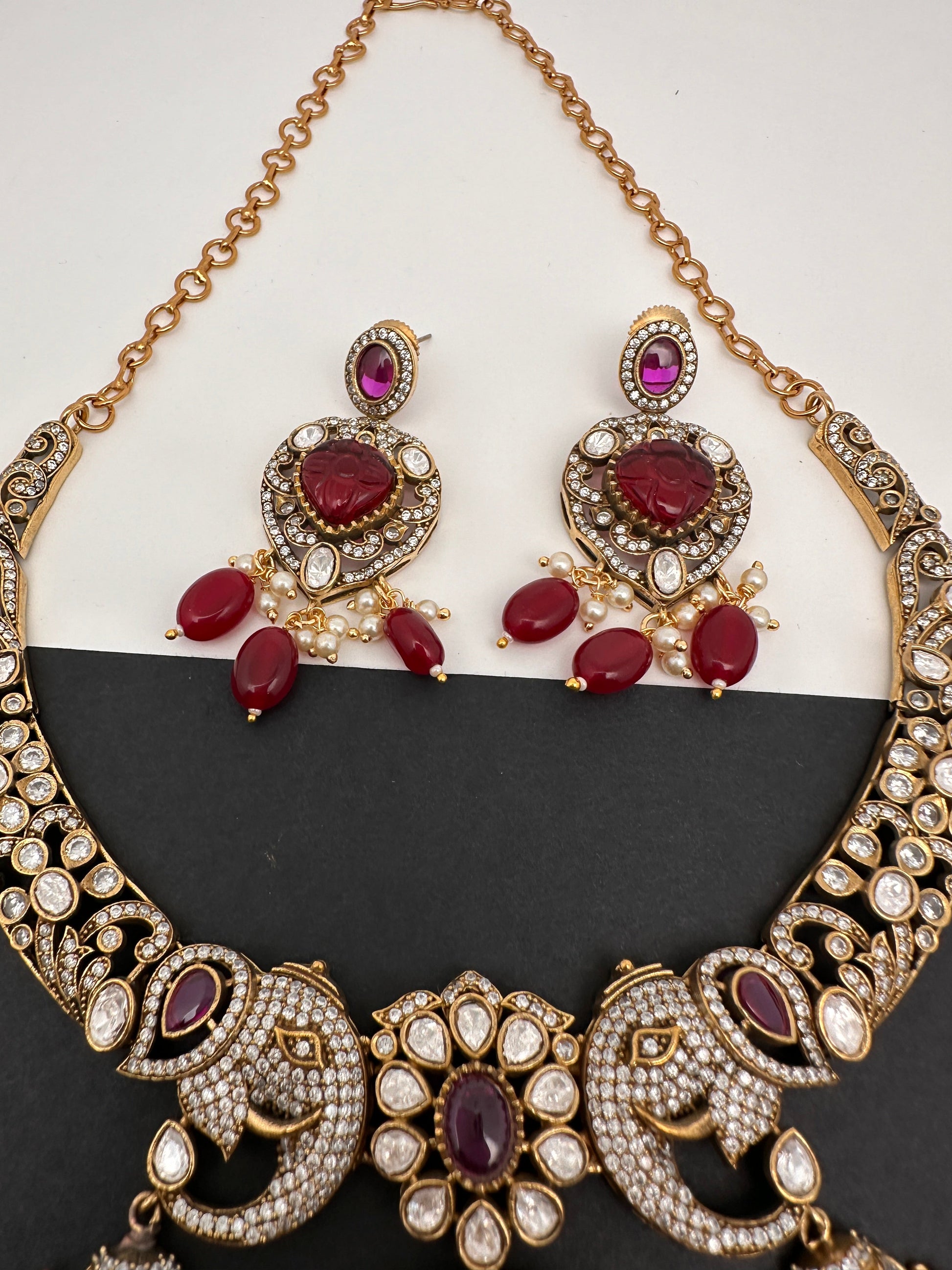Polki Victorian Mehndi Finish Color Stone Necklace - Red