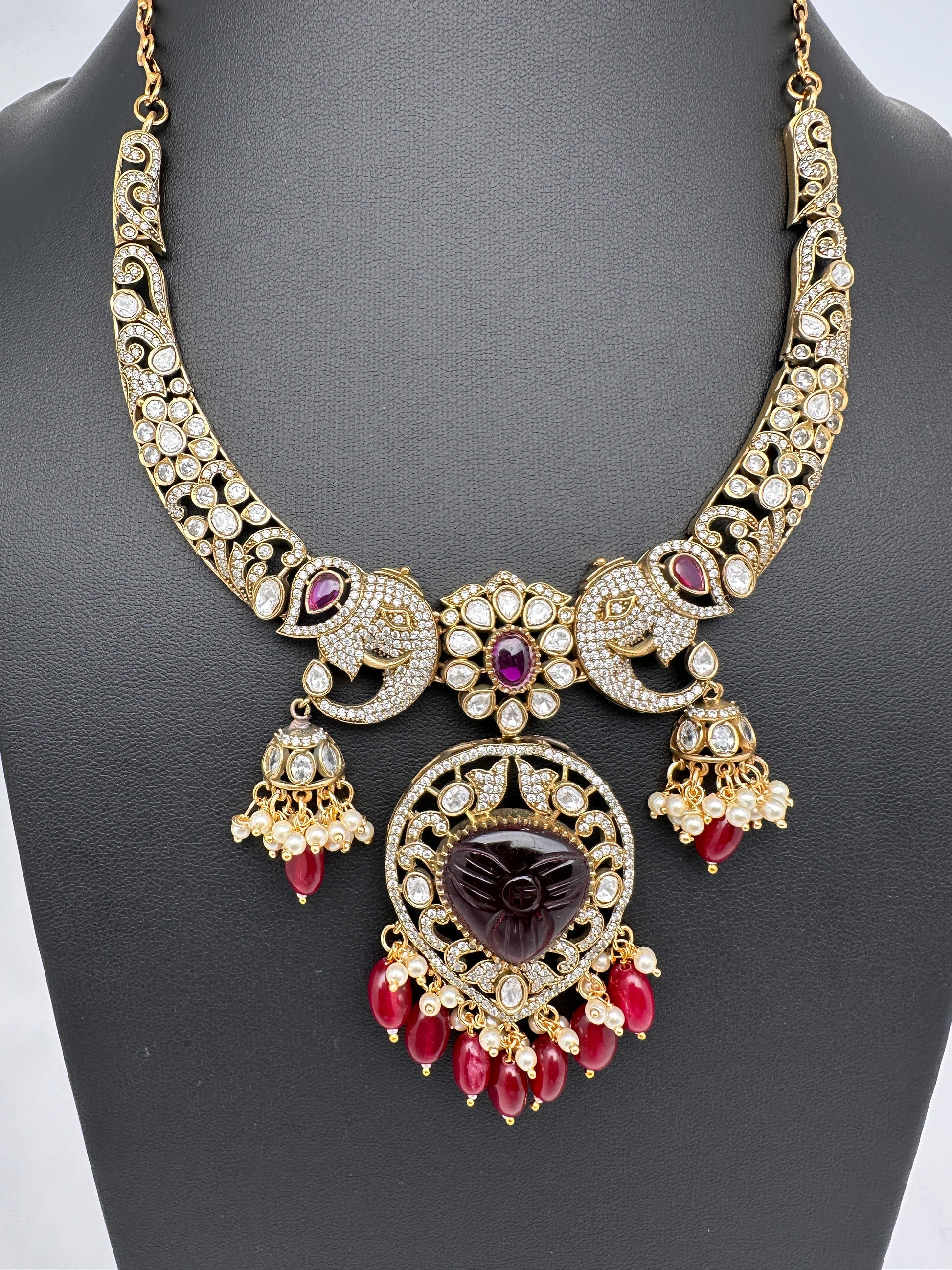 Polki Victorian Mehndi Finish Color Stone Necklace - Red