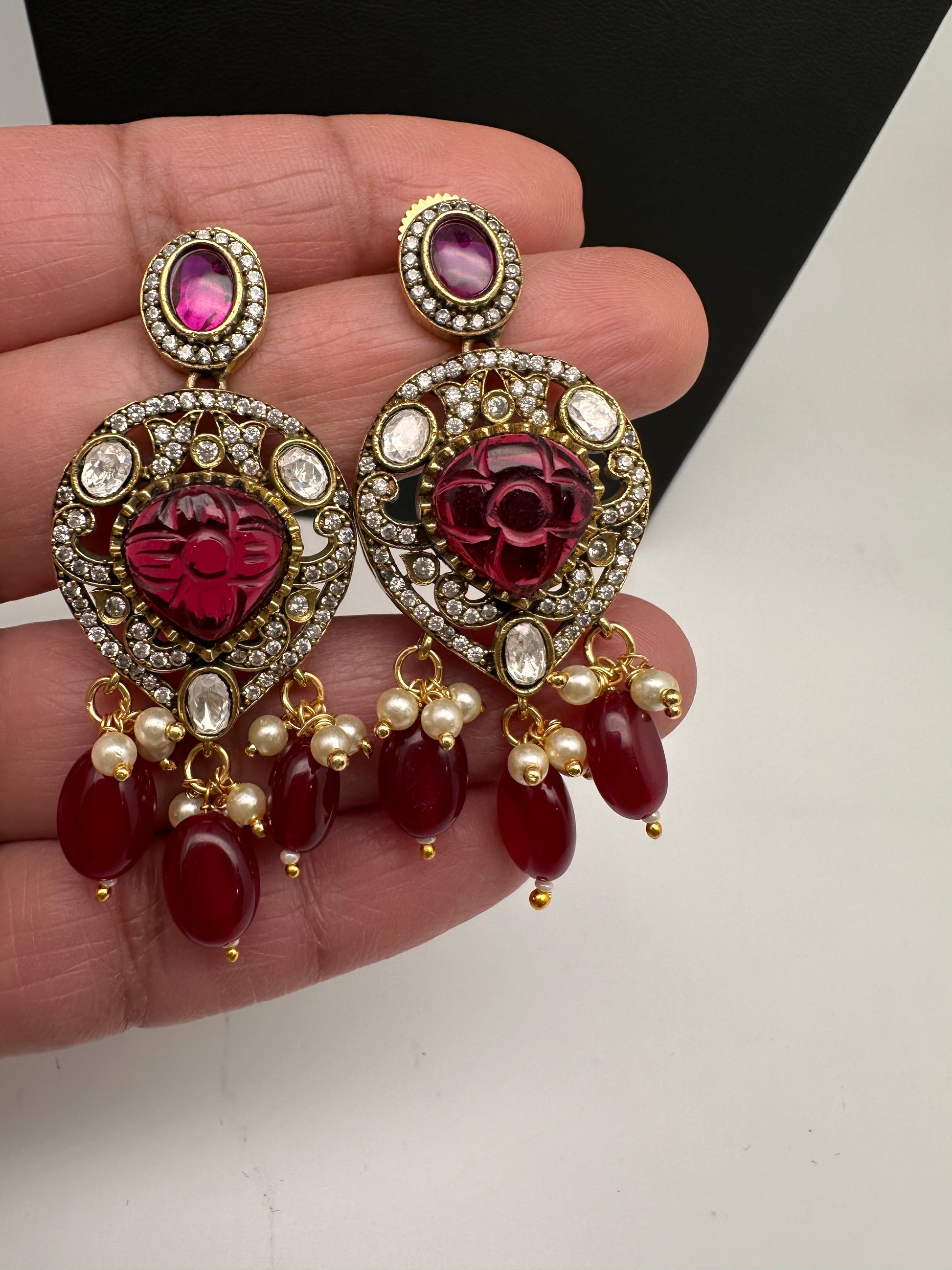 Polki Victorian Mehndi Finish Color Stone Necklace - Red