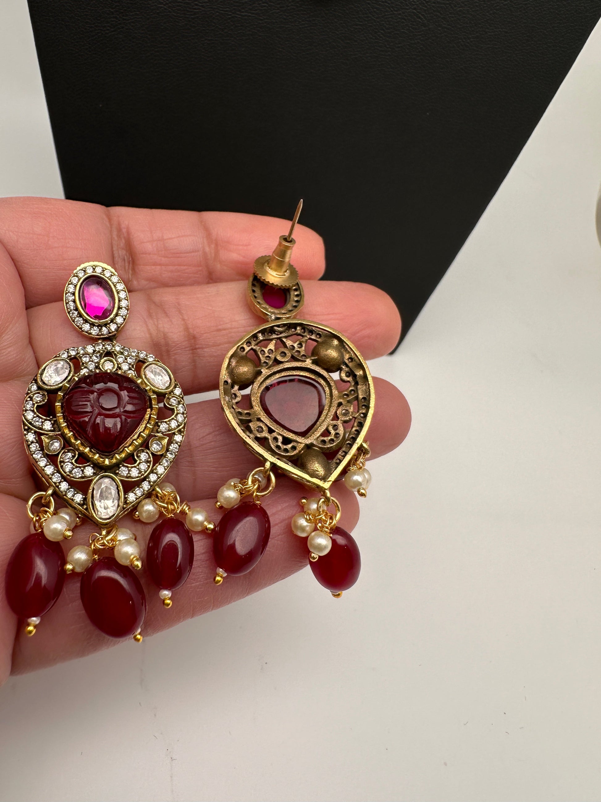 Polki Victorian Mehndi Finish Color Stone Necklace - Red