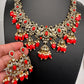 Polki Victorian Mehndi Finish Color Stone Necklace - Coral