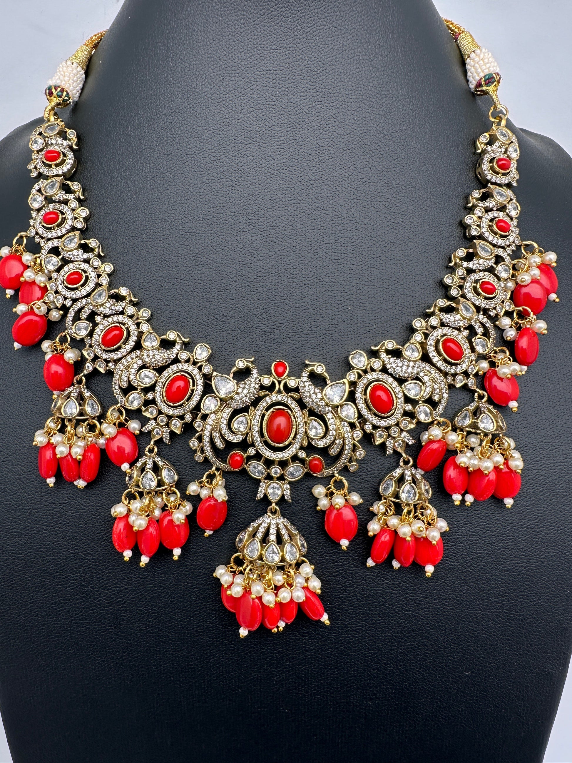 Polki Victorian Mehndi Finish Color Stone Necklace - Coral