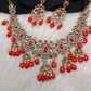 Polki Victorian Mehndi Finish Color Stone Necklace - Coral