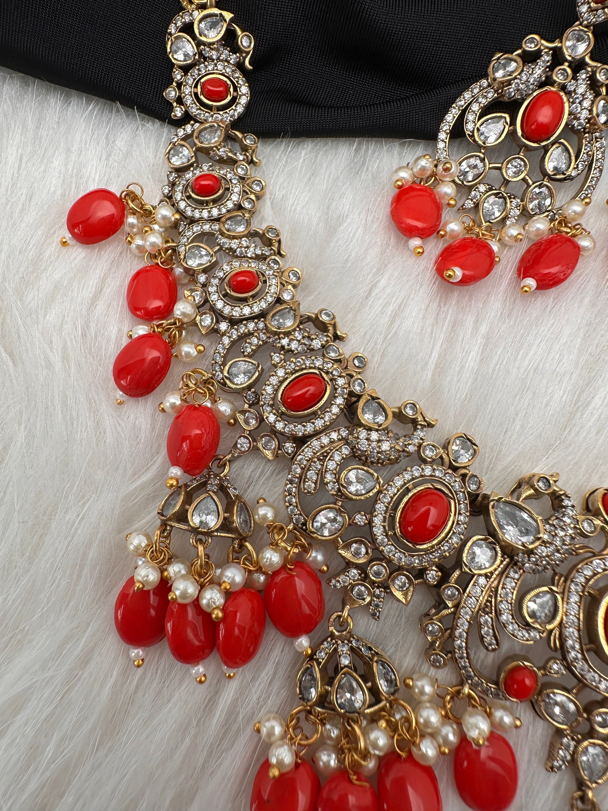 Polki Victorian Mehndi Finish Color Stone Necklace - Coral