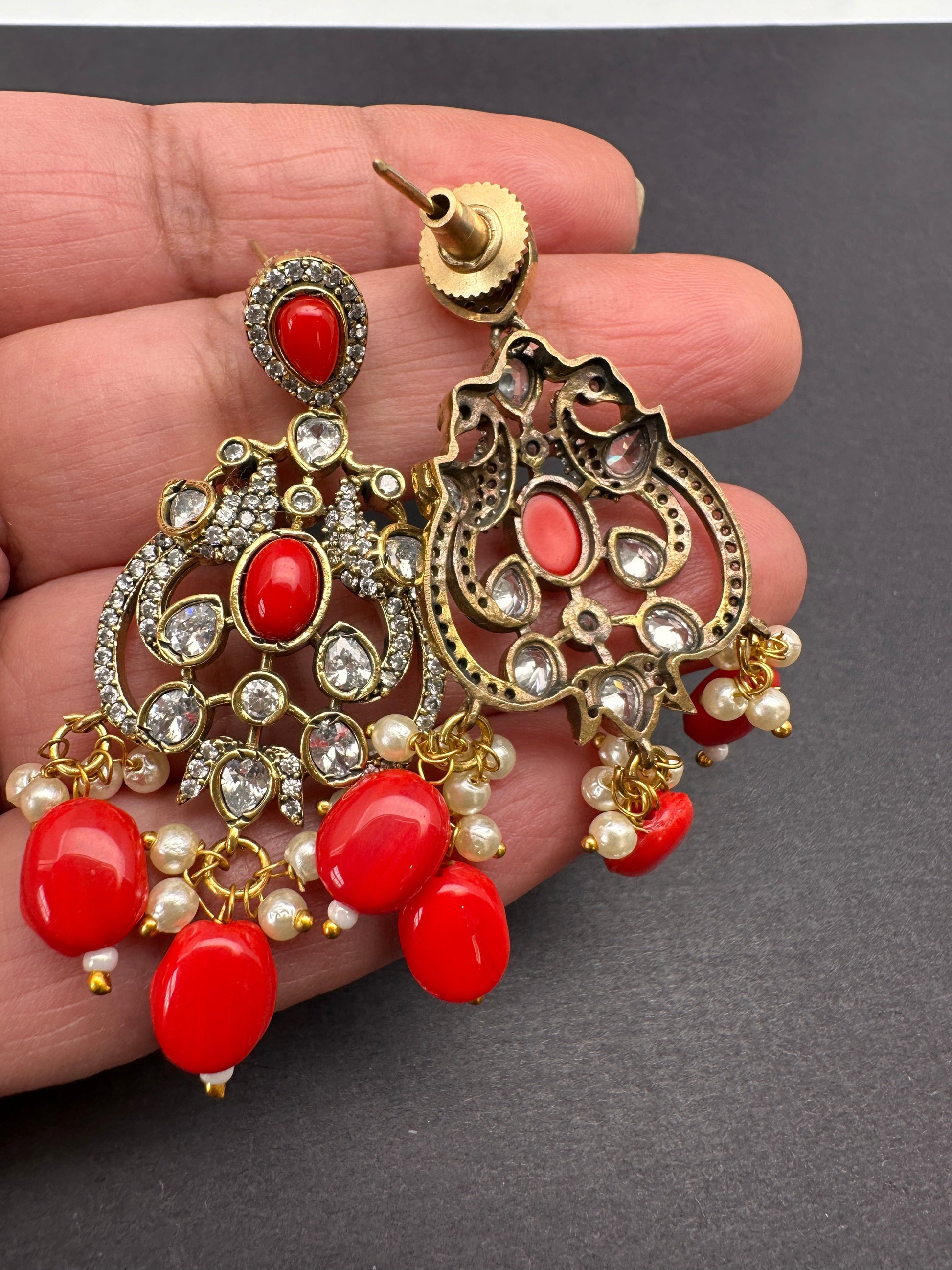 Polki Victorian Mehndi Finish Color Stone Necklace - Coral