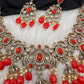 Polki Victorian Mehndi Finish Color Stone Necklace - Coral