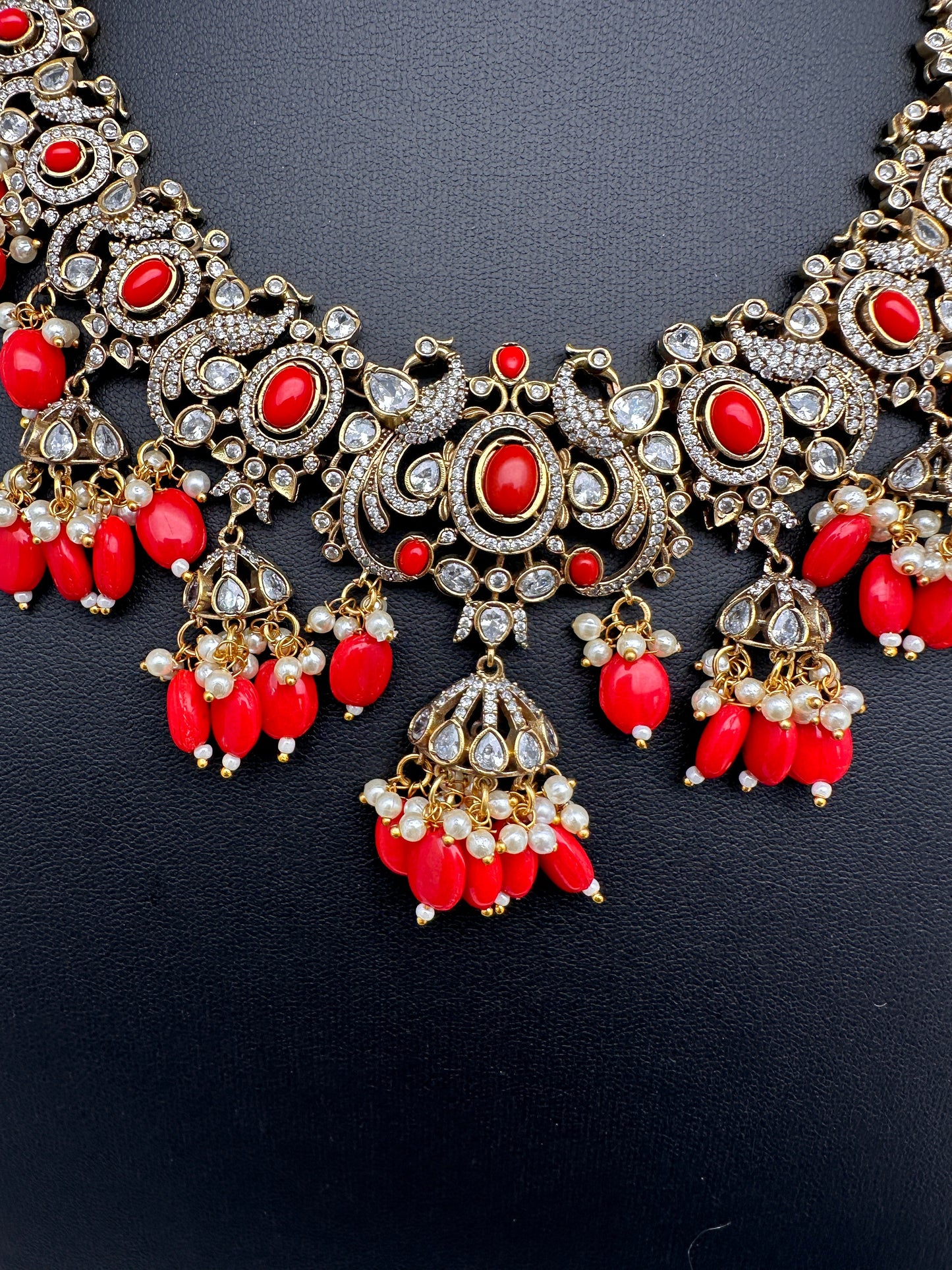 Polki Victorian Mehndi Finish Color Stone Necklace - Coral