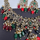 Polki Victorian Mehndi Finish Color Stone Necklace - Red