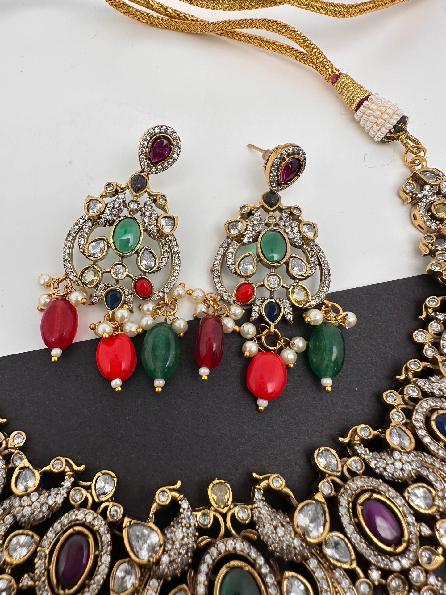 Polki Victorian Mehndi Finish Color Stone Necklace - Red