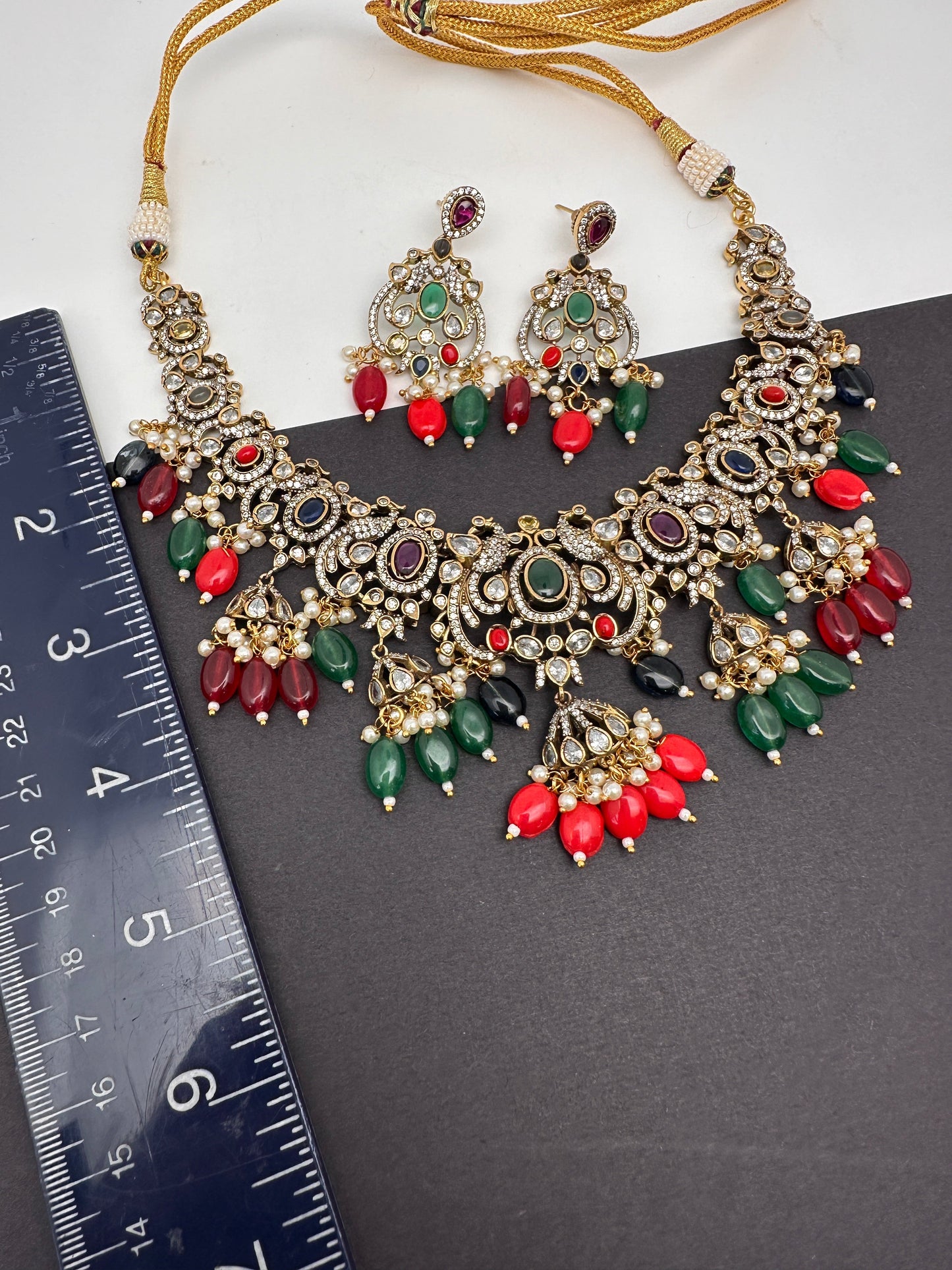 Polki Victorian Mehndi Finish Color Stone Necklace - Red