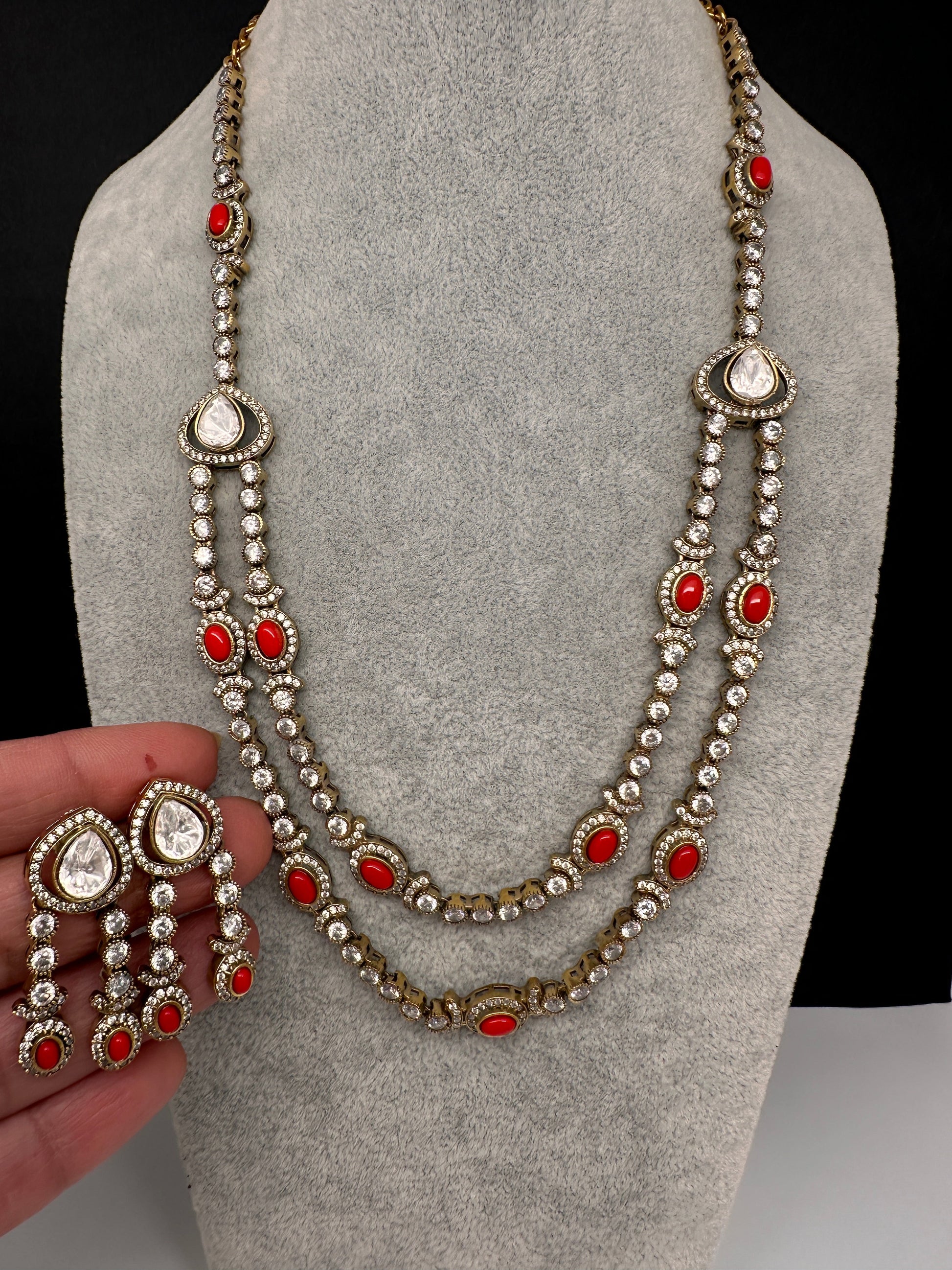 Polki Moissanite Dainty Victorian Mehndi Finish Color Stone Necklace - Coral