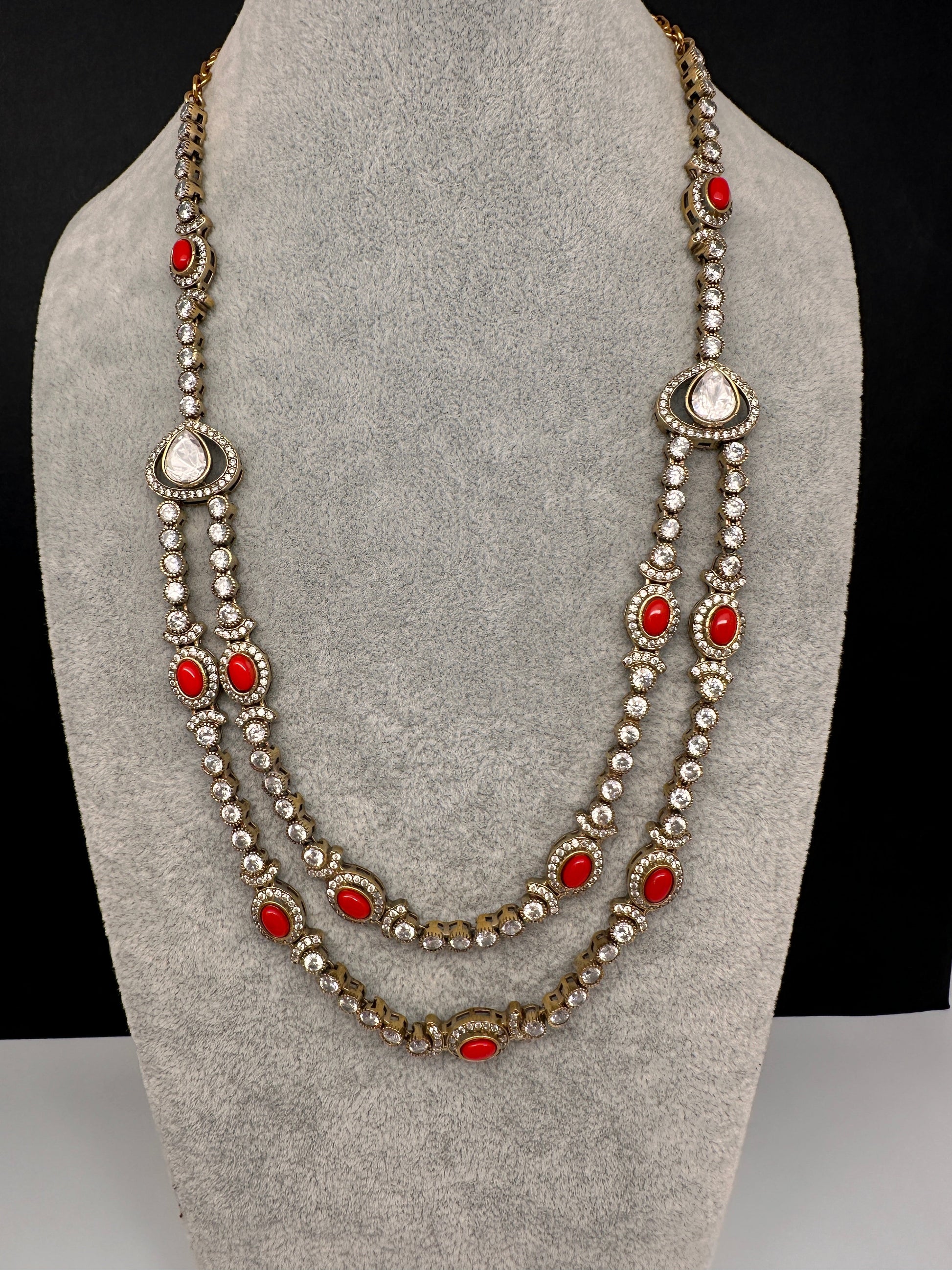 Polki Moissanite Dainty Victorian Mehndi Finish Color Stone Necklace - Coral