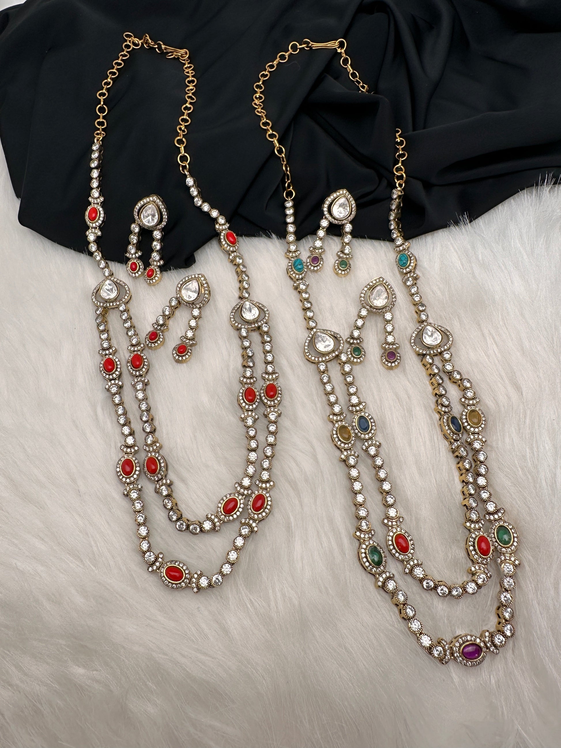 Polki Moissanite Dainty Victorian Mehndi Finish Color Stone Necklace - Coral