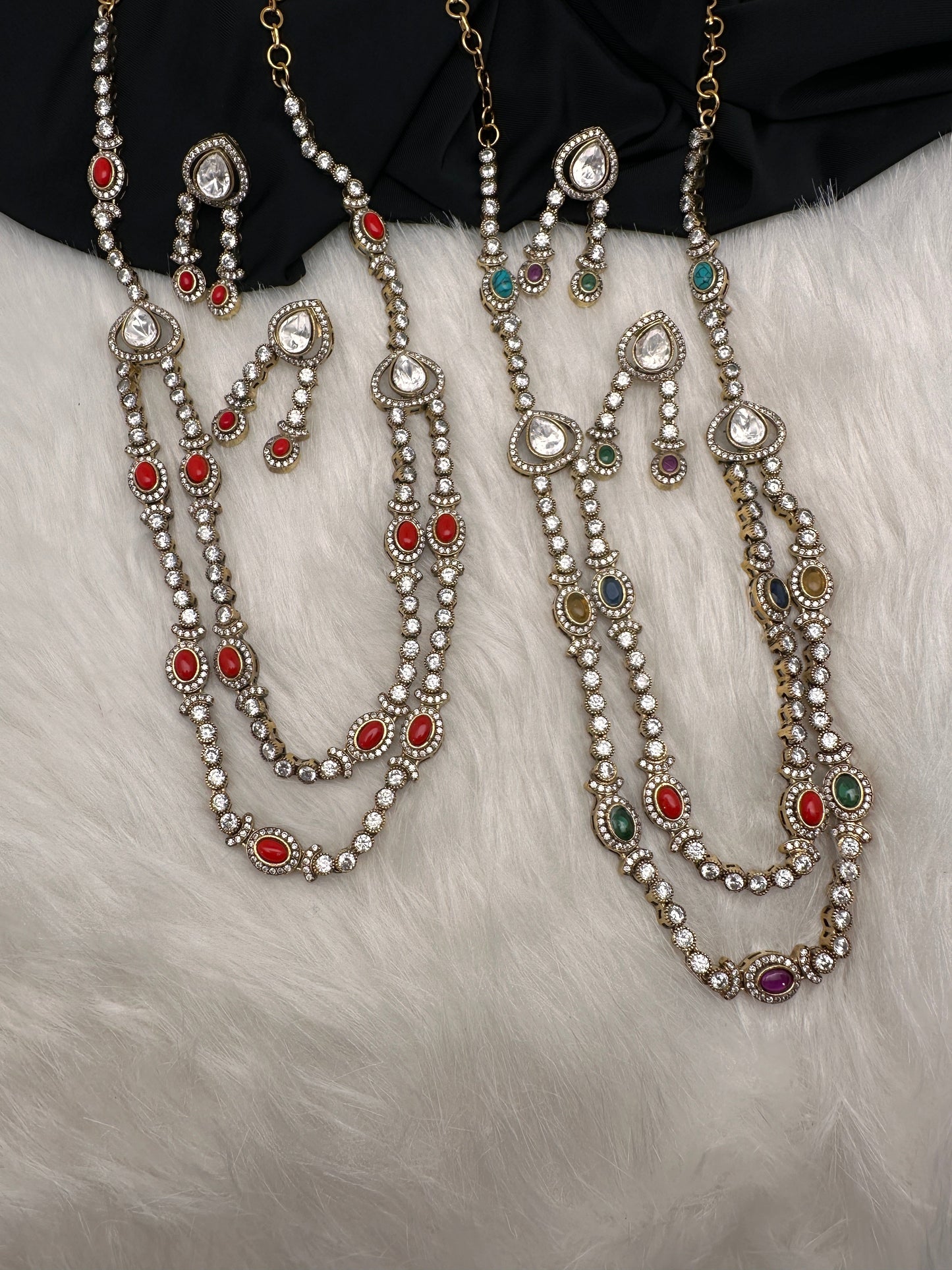 Polki Moissanite Dainty Victorian Mehndi Finish Color Stone Necklace - Coral