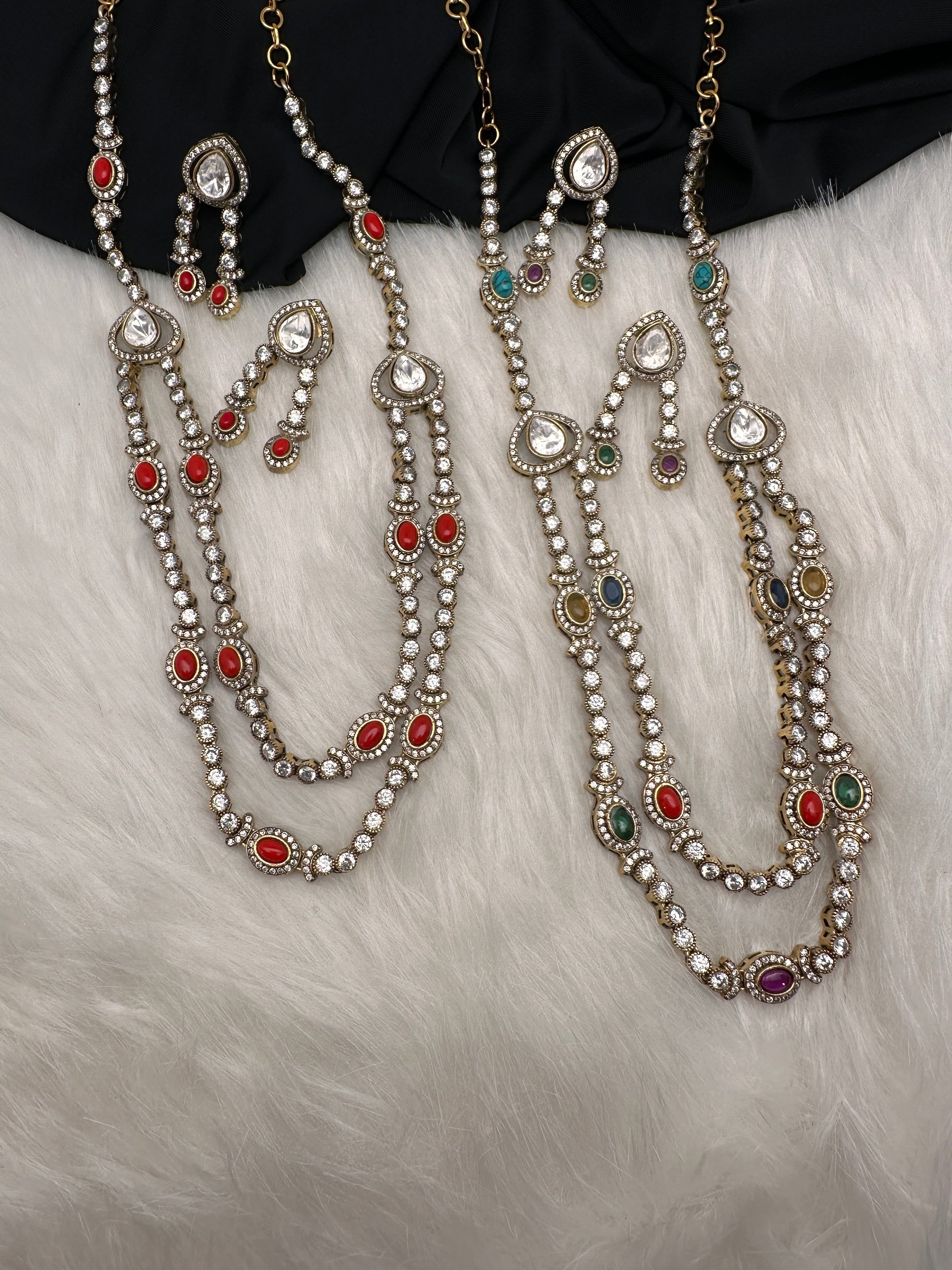Polki Moissanite Dainty Victorian Mehndi Finish Color Stone Necklace - Coral