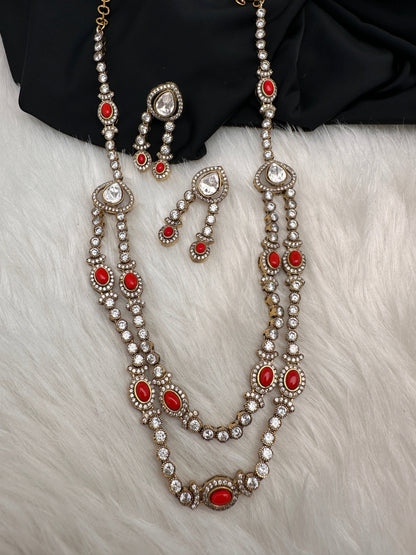 Polki Moissanite Dainty Victorian Mehndi Finish Color Stone Necklace - Coral