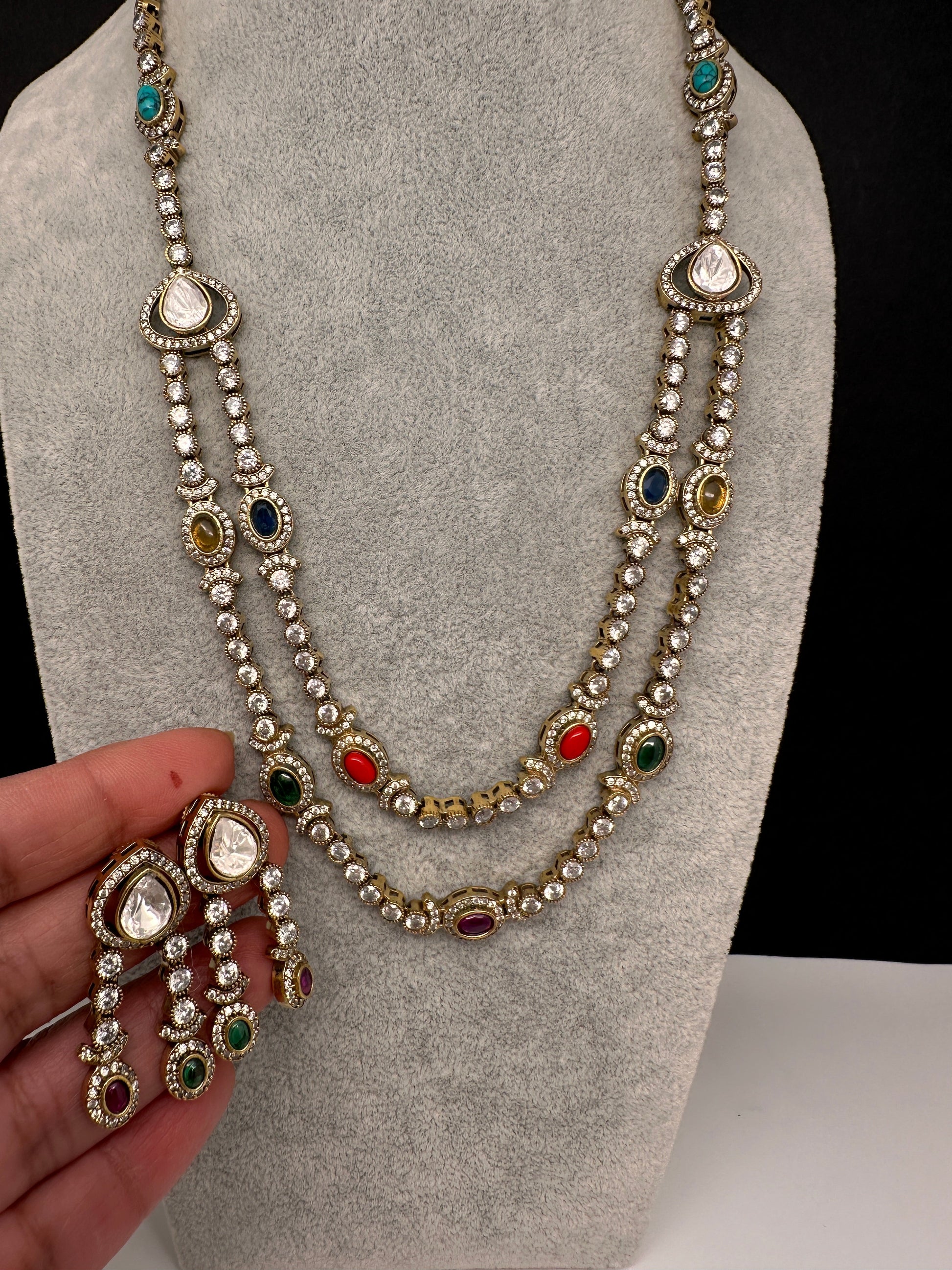 Polki Moissanite Dainty Victorian Mehndi Finish Color Stone Necklace - Red