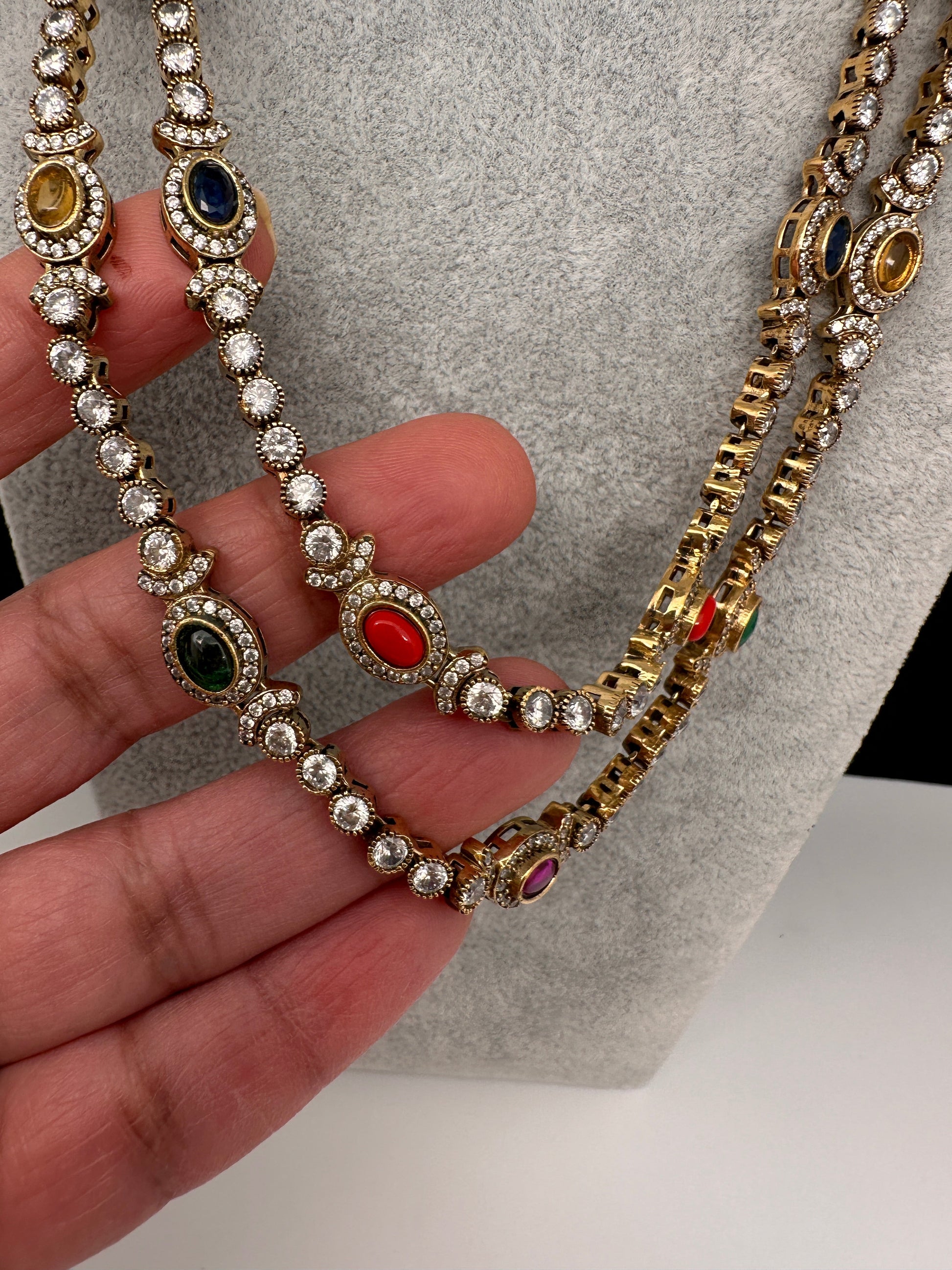 Polki Moissanite Dainty Victorian Mehndi Finish Color Stone Necklace - Red