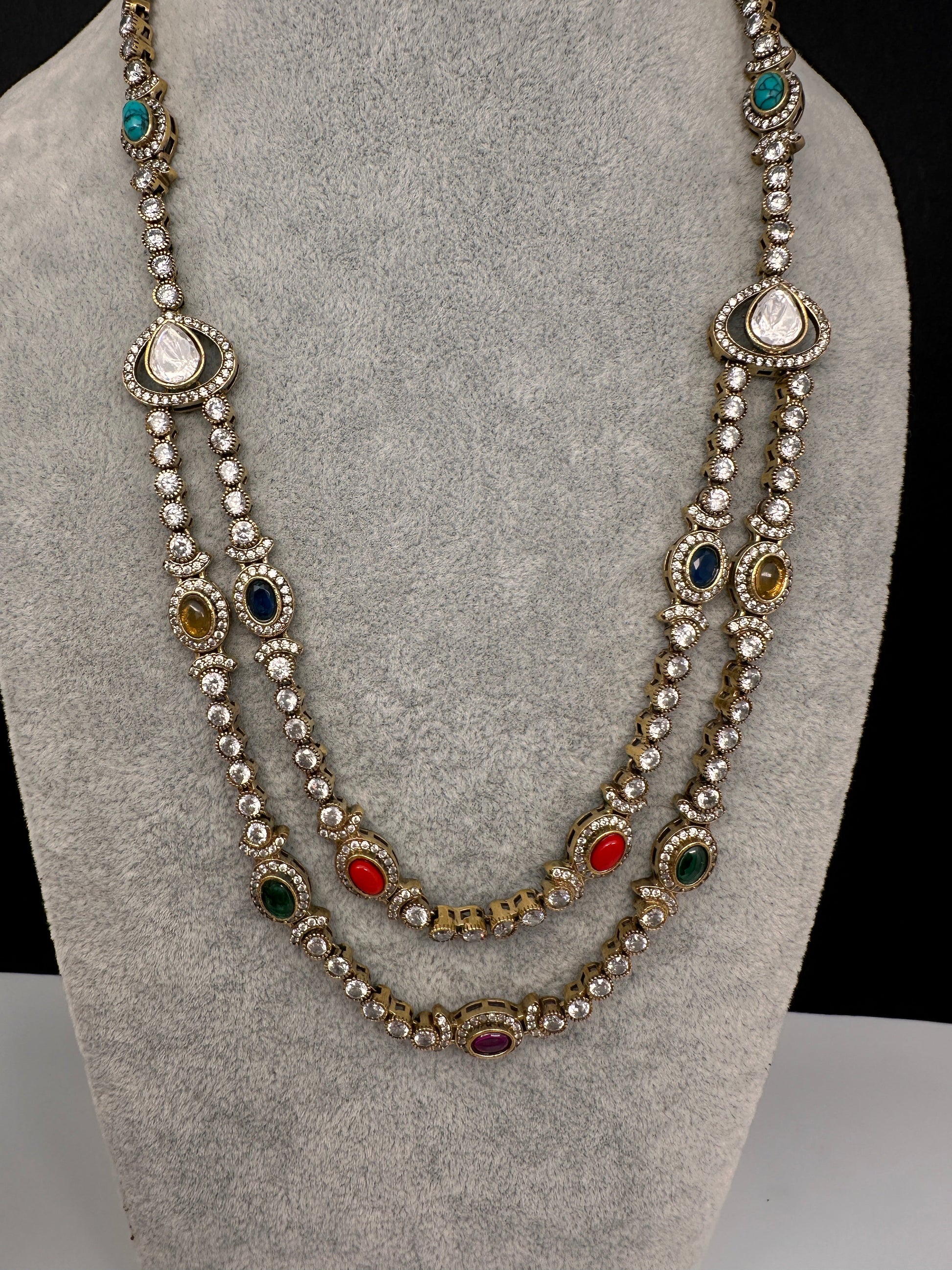 Polki Moissanite Dainty Victorian Mehndi Finish Color Stone Necklace - Red