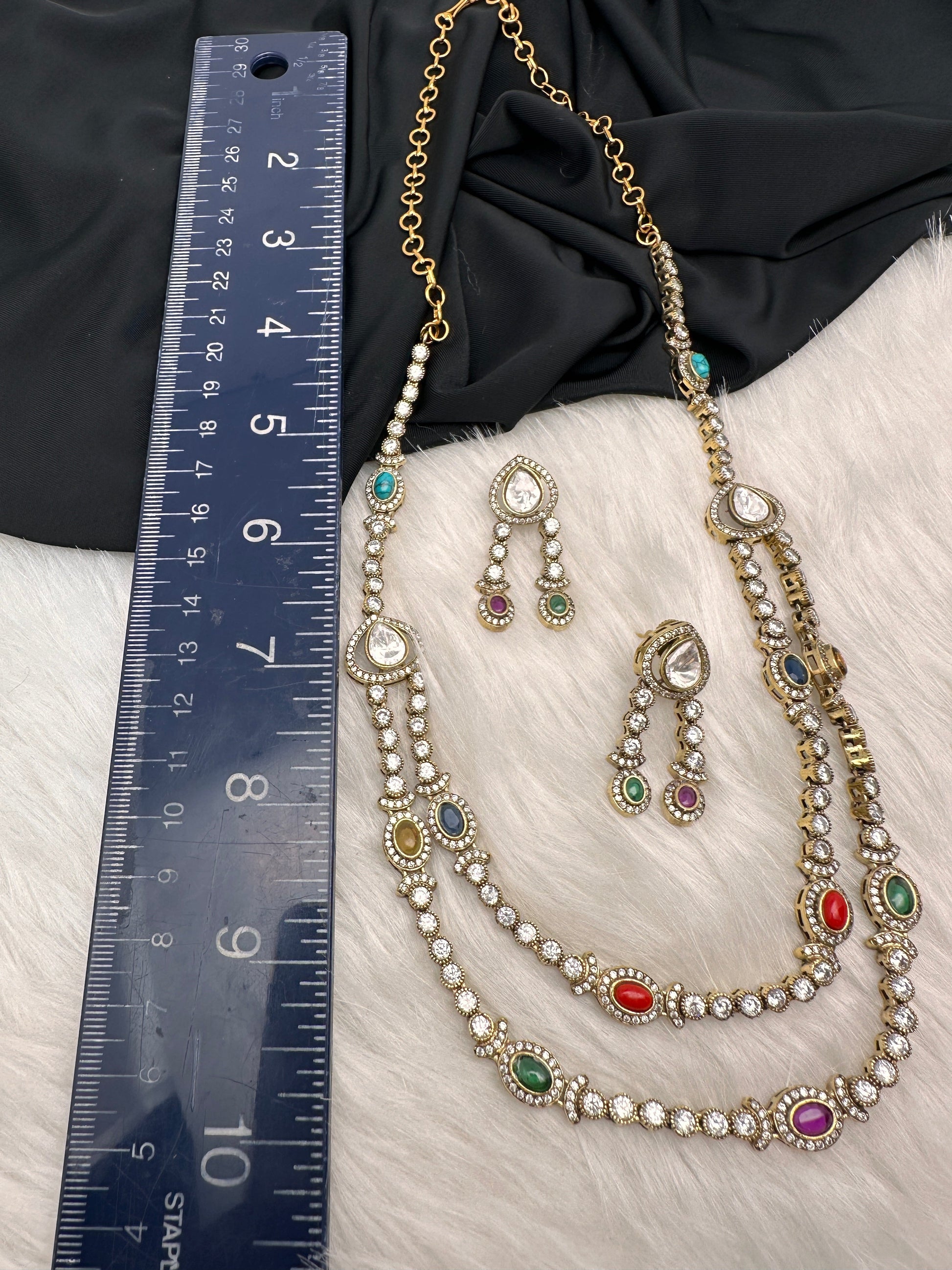 Polki Moissanite Dainty Victorian Mehndi Finish Color Stone Necklace - Red