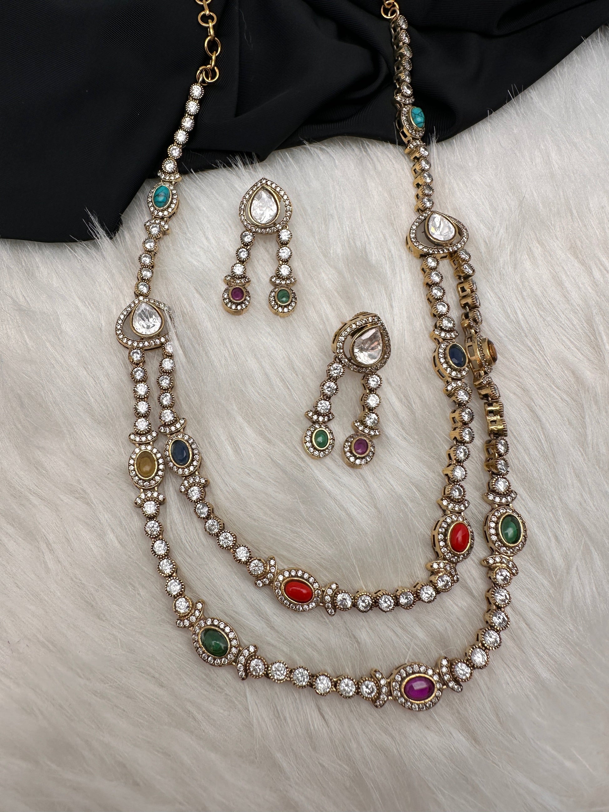 Polki Moissanite Dainty Victorian Mehndi Finish Color Stone Necklace - Red
