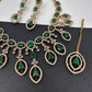 AD Dainty Victorian Mehndi Finish Color Stone Necklace with Mand Tika - Green