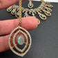 AD Dainty Victorian Mehndi Finish Color Stone Necklace with Mand Tika - LightGreen