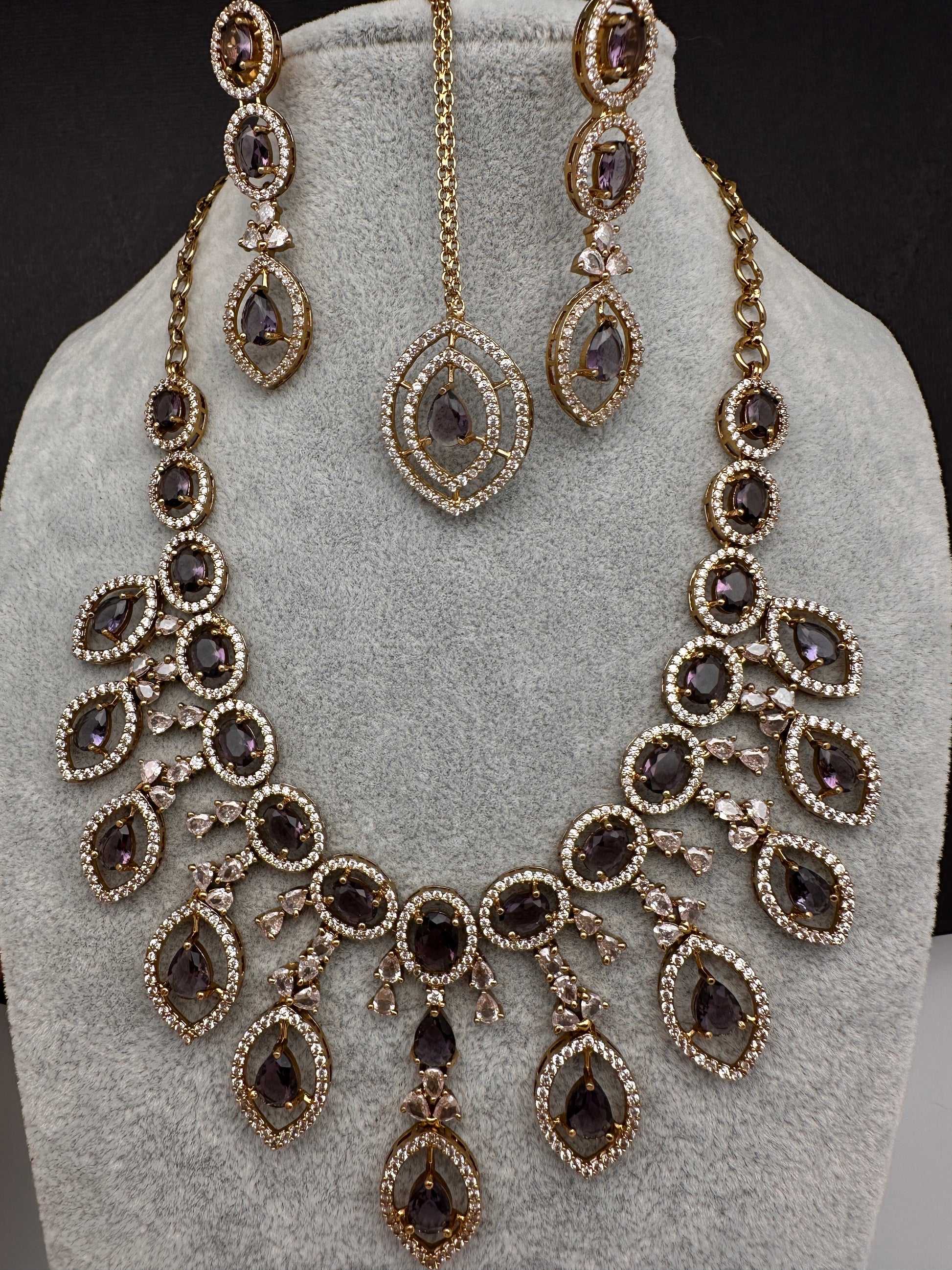 AD Dainty Victorian Mehndi Finish Color Stone Necklace with Mand Tika - Purple